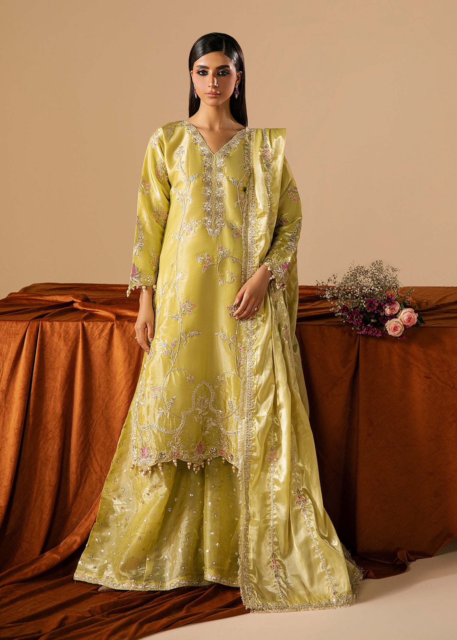 silk Kurta Set in Key lime