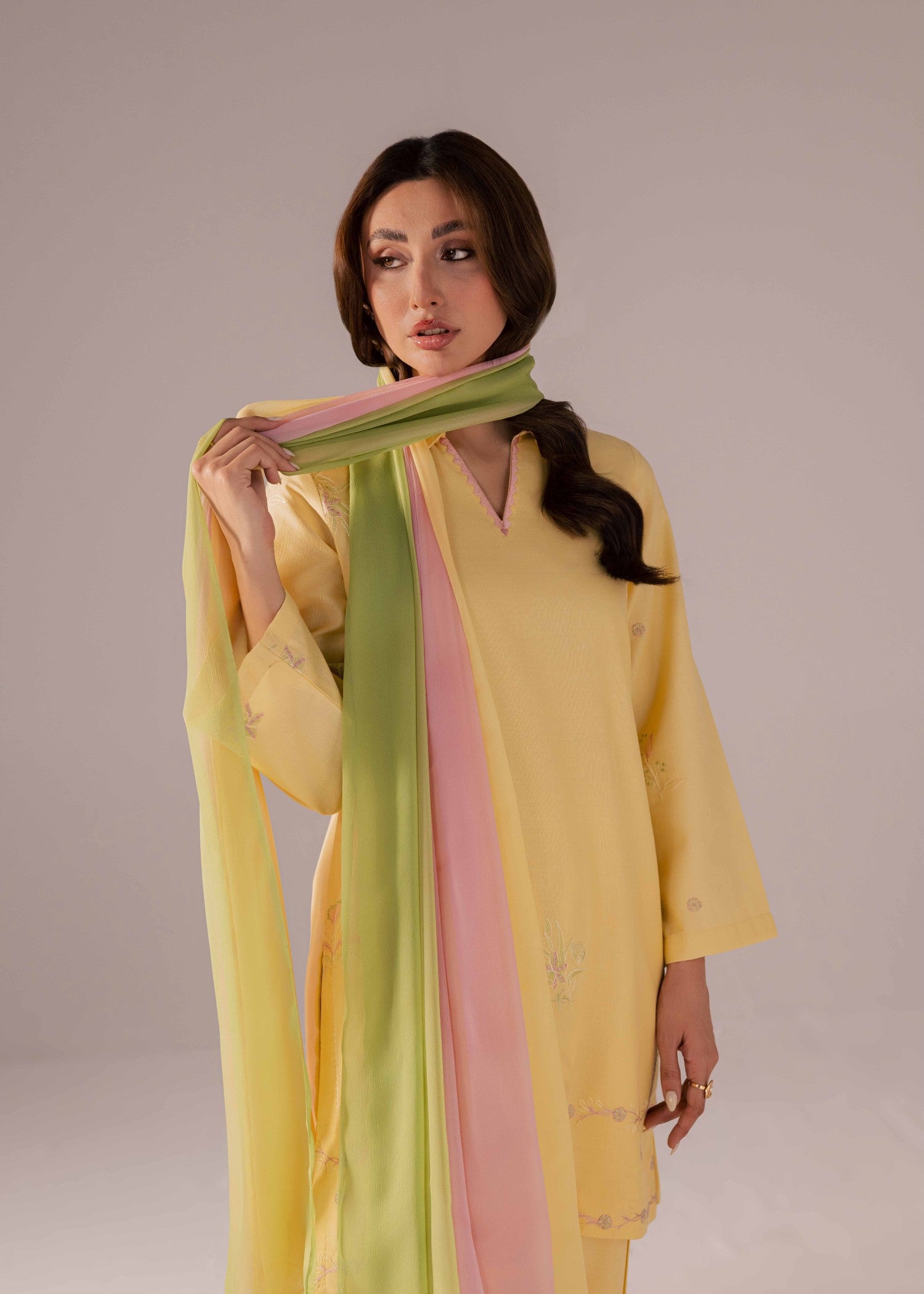 ribbed lawn Kurta Set in Yellow