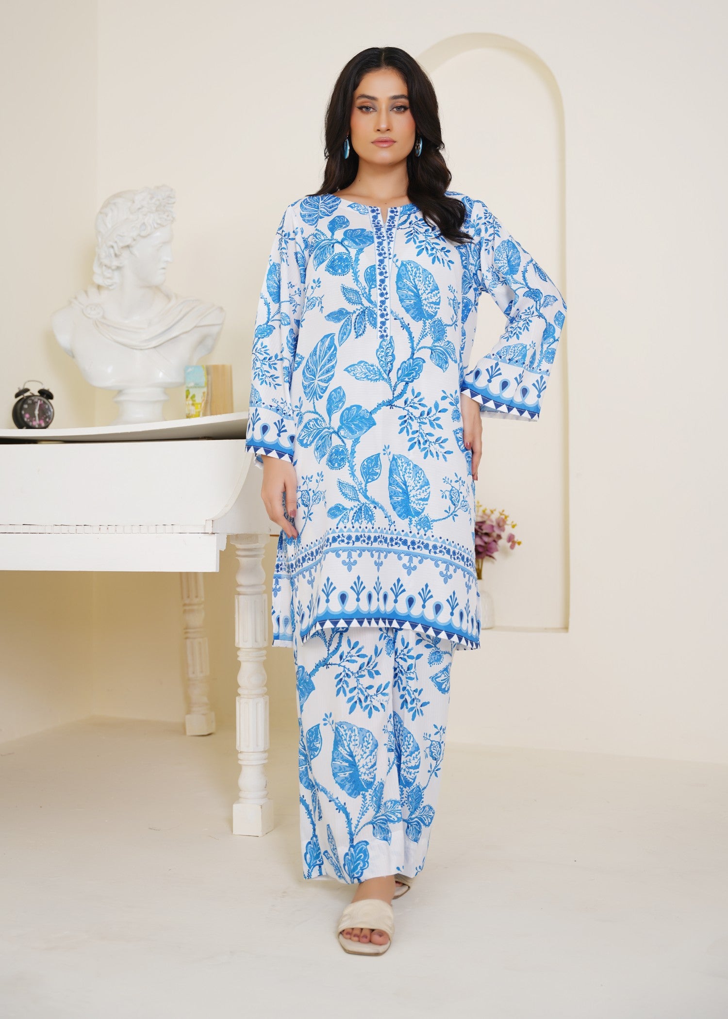slub cambric Co Ord Sets in White, steel blue