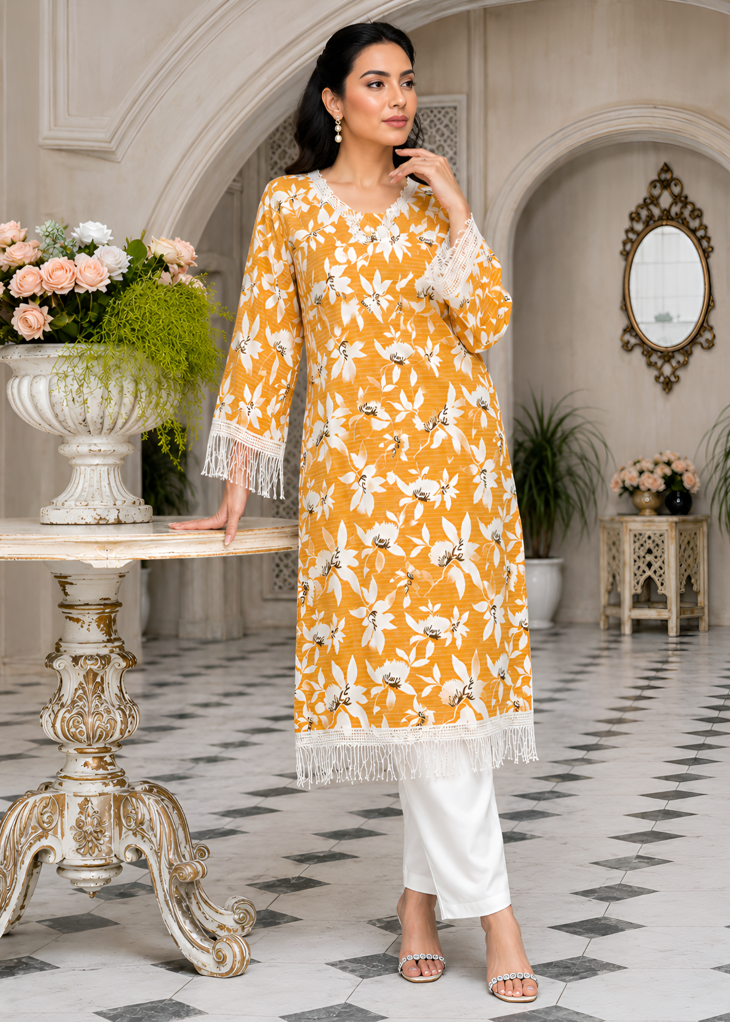 cotton Kurta Set in White, mustard