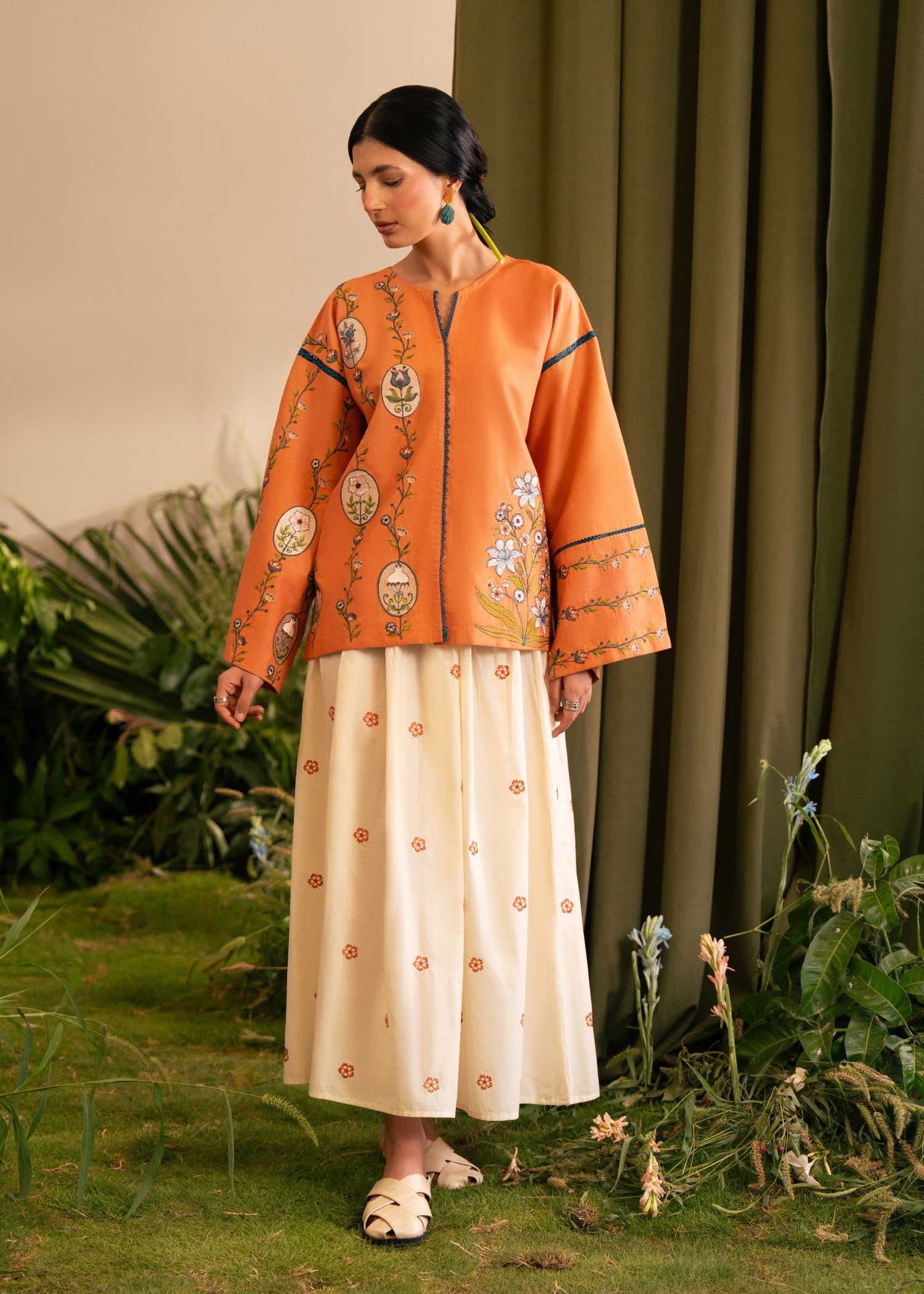 lawn cotton Skirt in Cream, rust orange