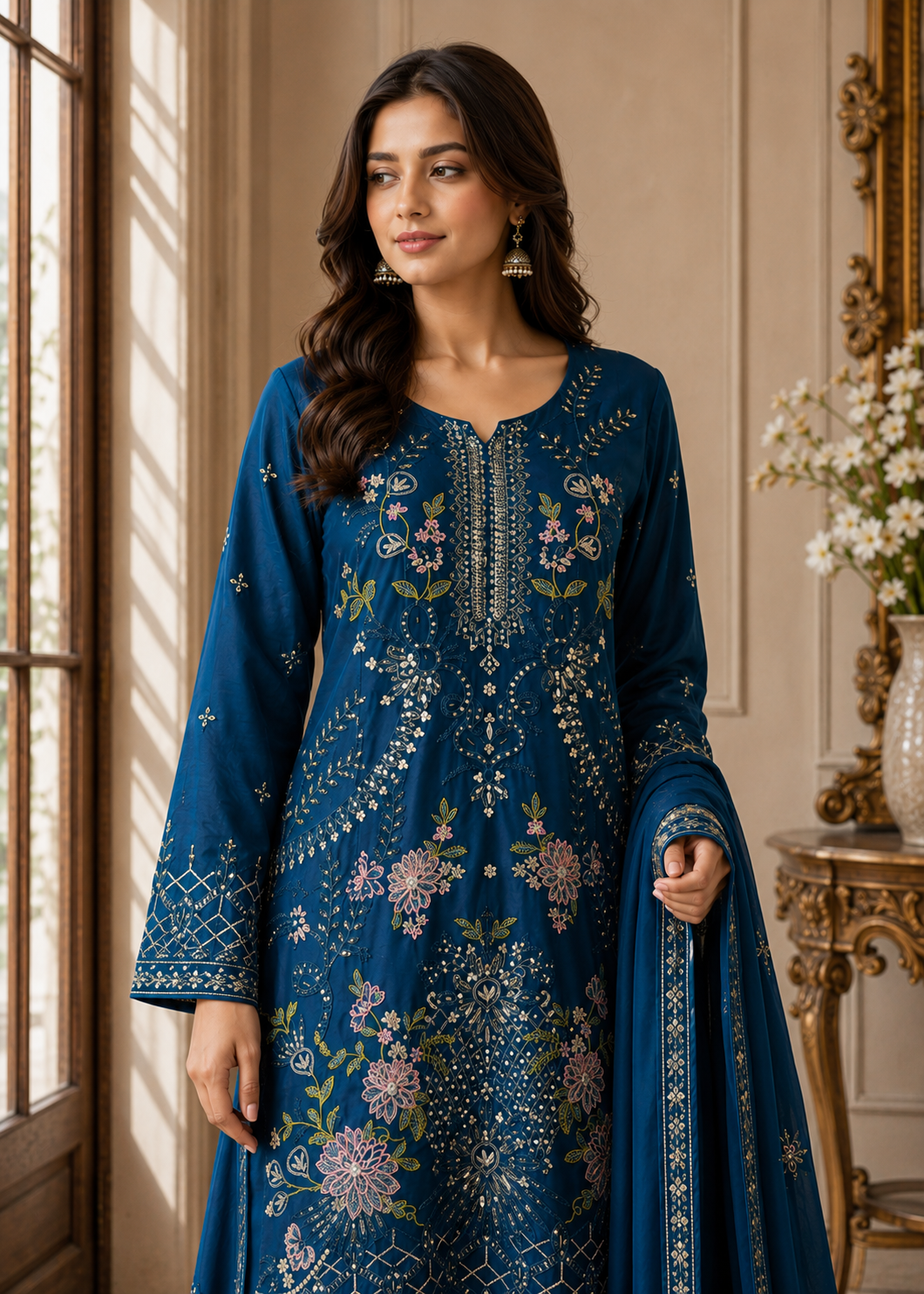 chiffon Kurta Set in Sapphire blue