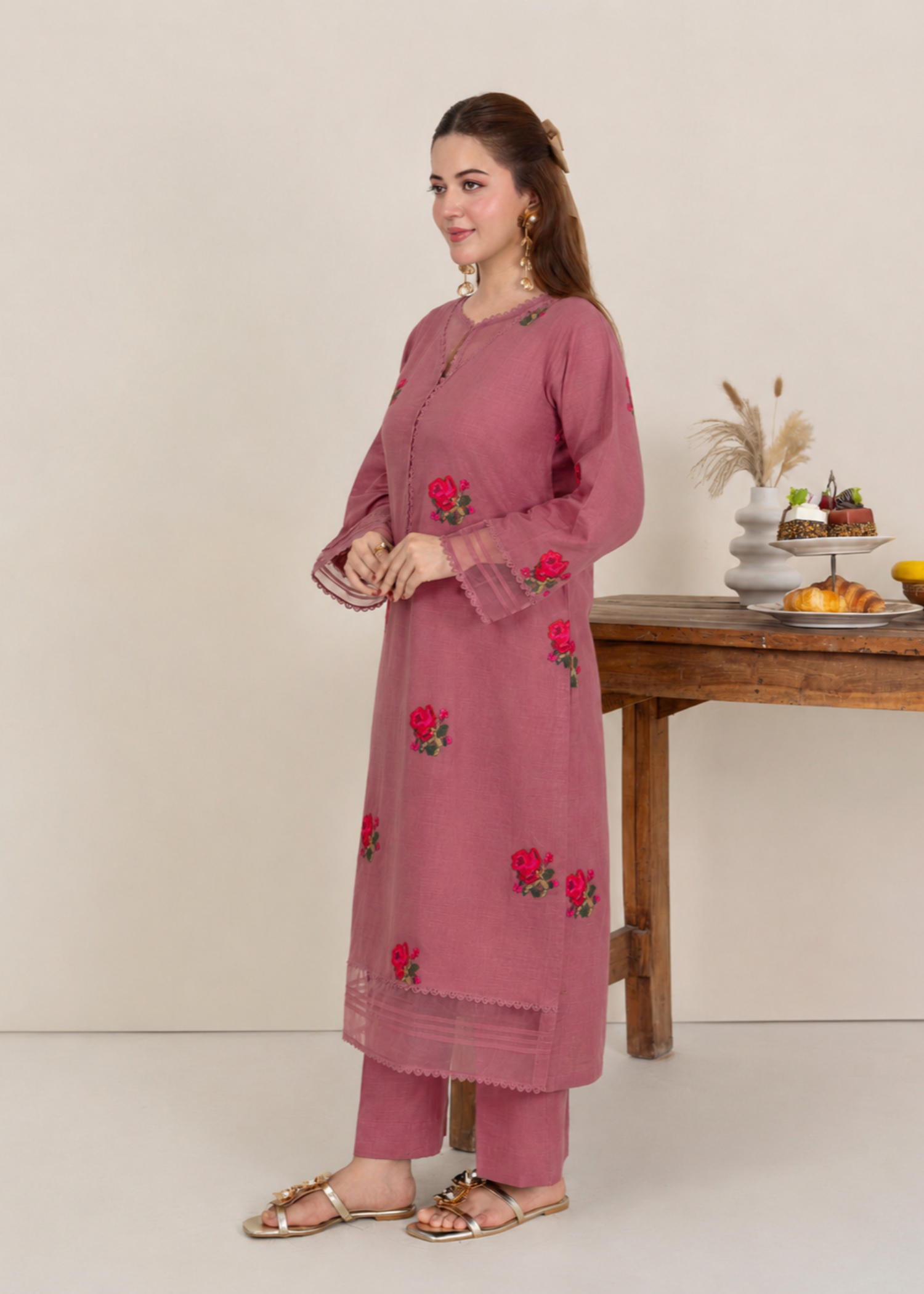 khaddar Kurta Set in Tea rose pink