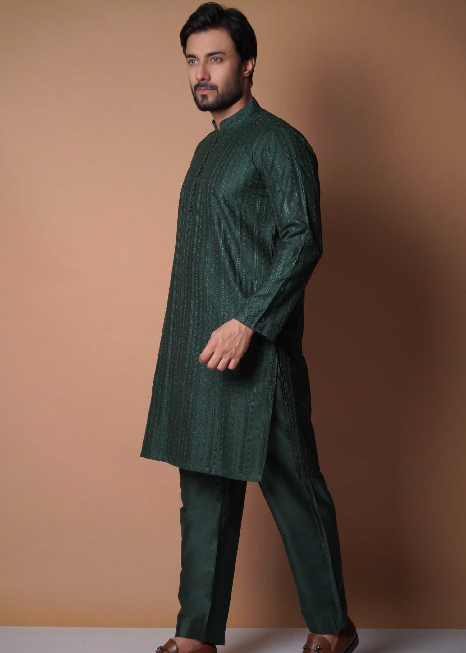 cotton silk Kurta Set in Bottle green