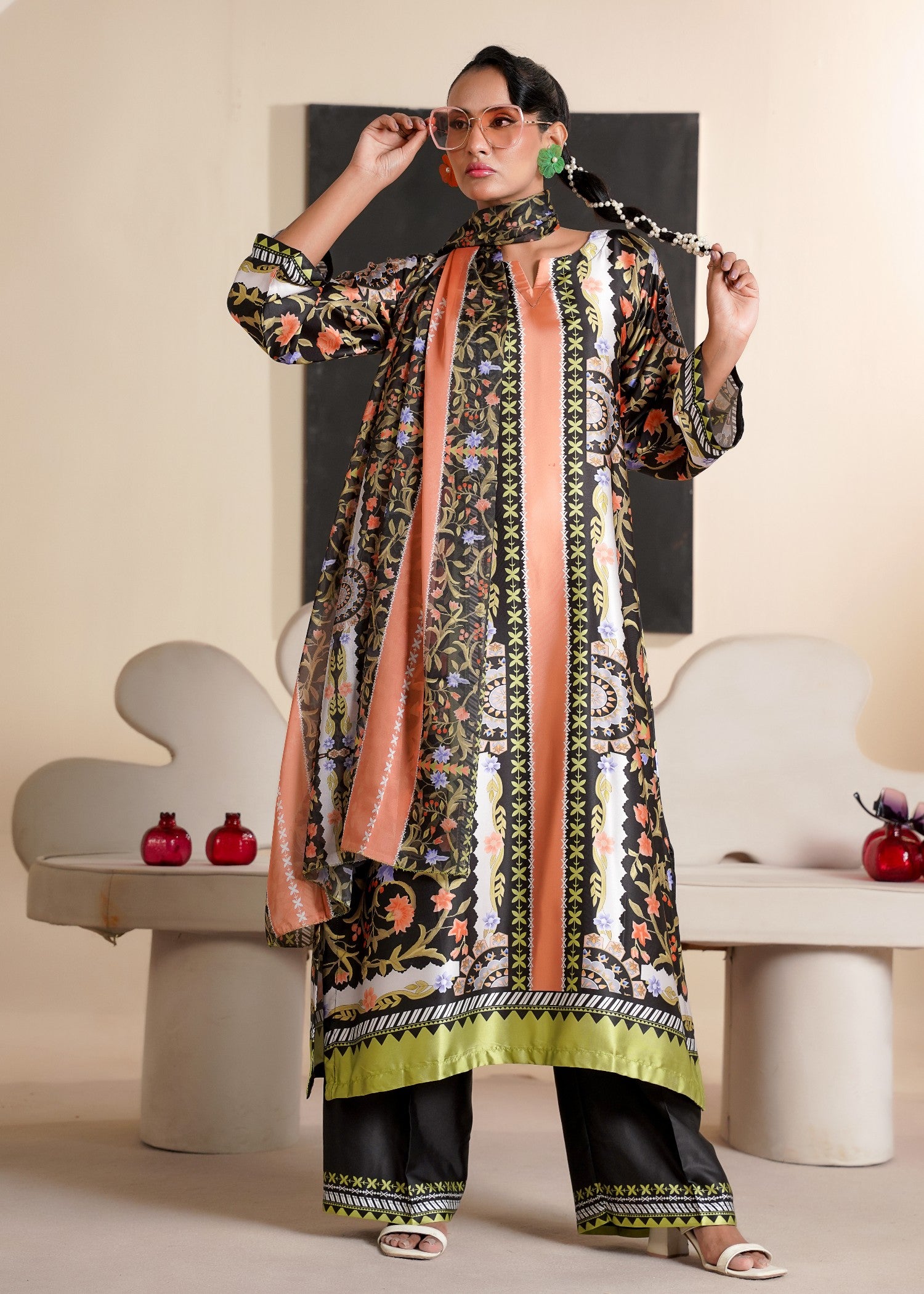 silk Kurta Set in Black, peach orange