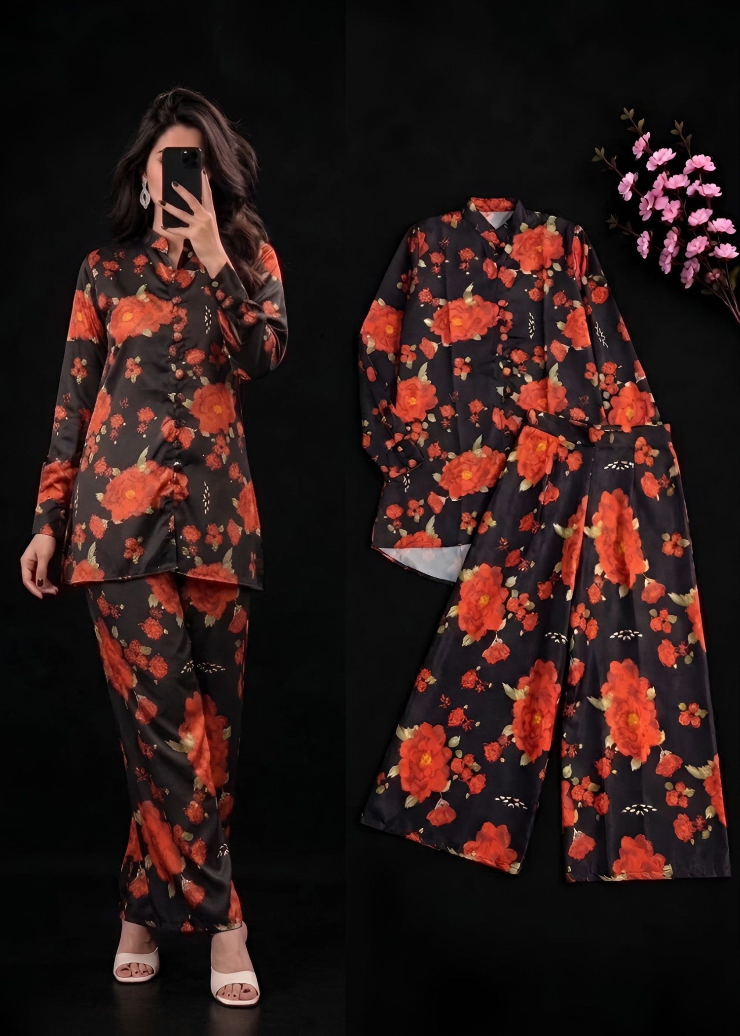 poly lawn Co Ord Sets in Red, black