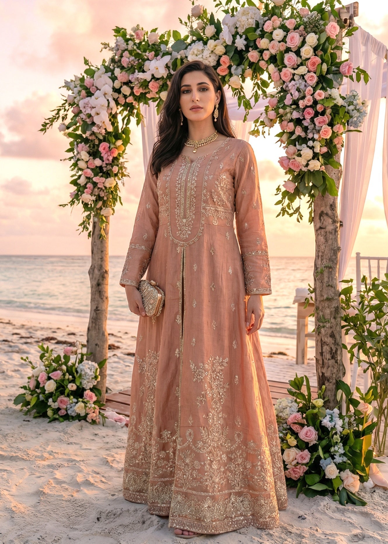 raw silk Maxi in Peach pink