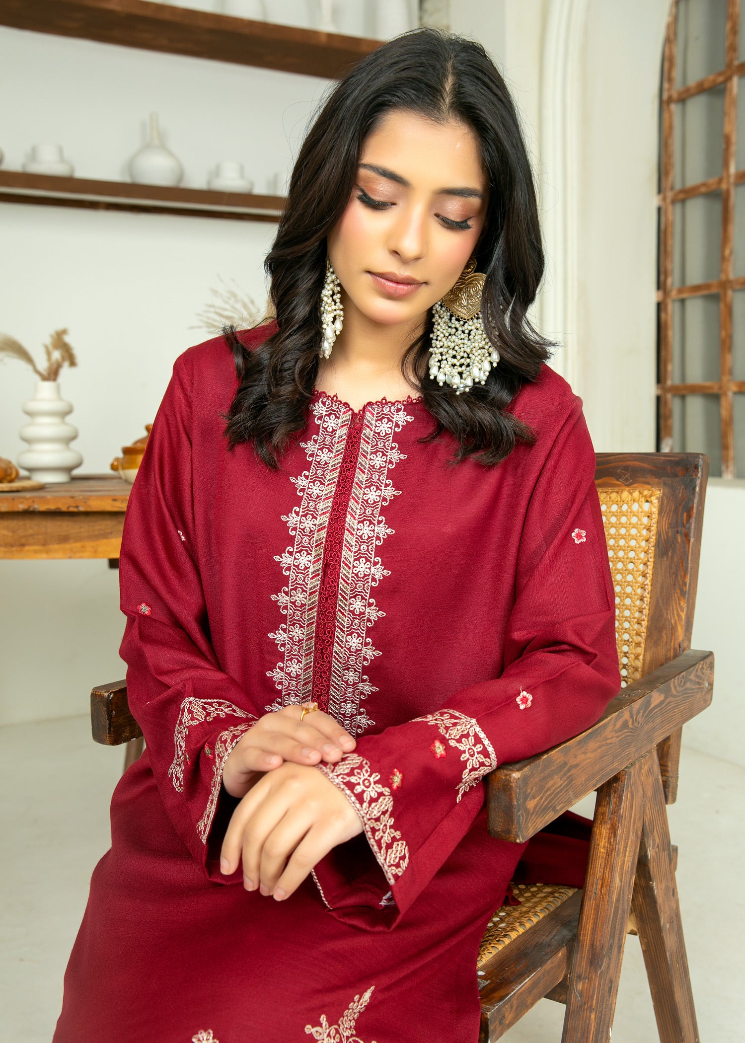 peach wool Kurta Set in Maroon