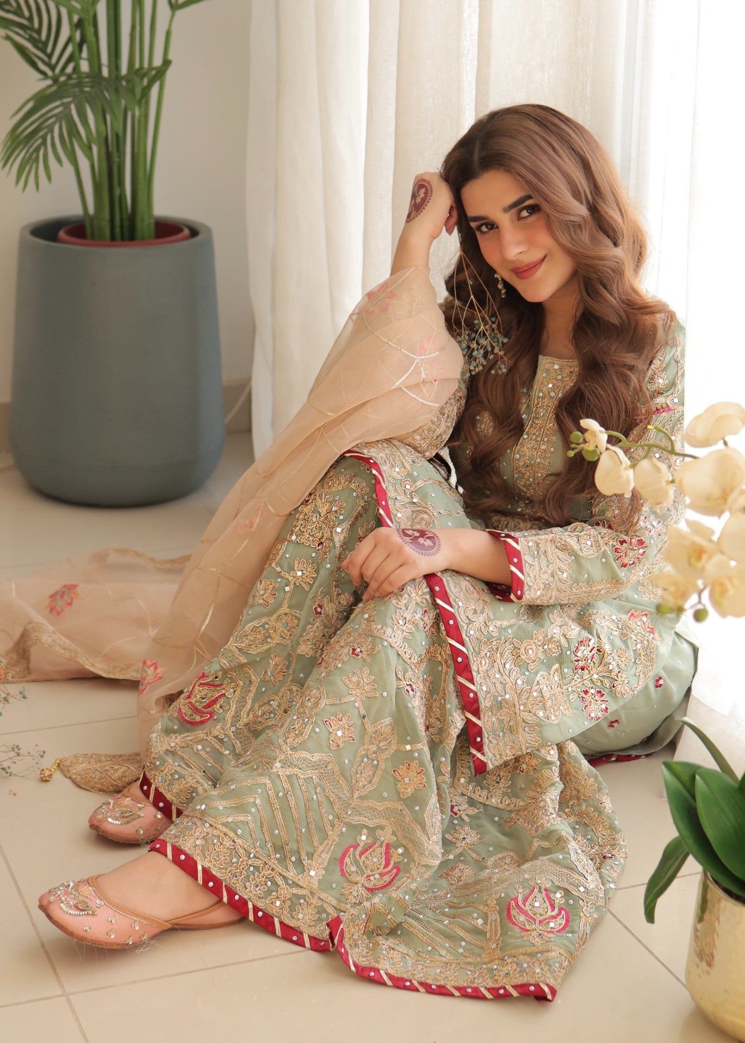 chiffon Gharara in Mint green