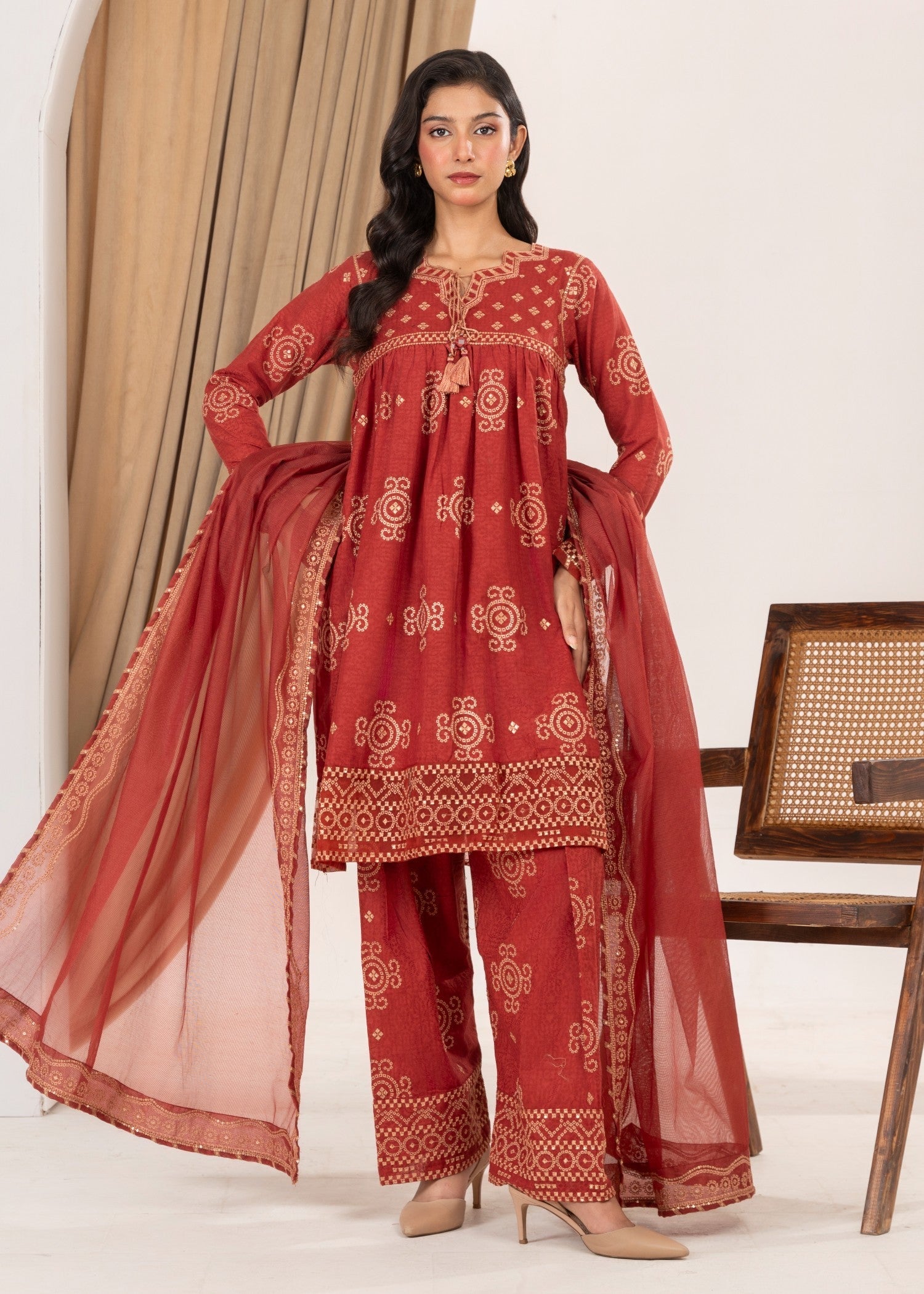 cotton Short Frock in Chili red