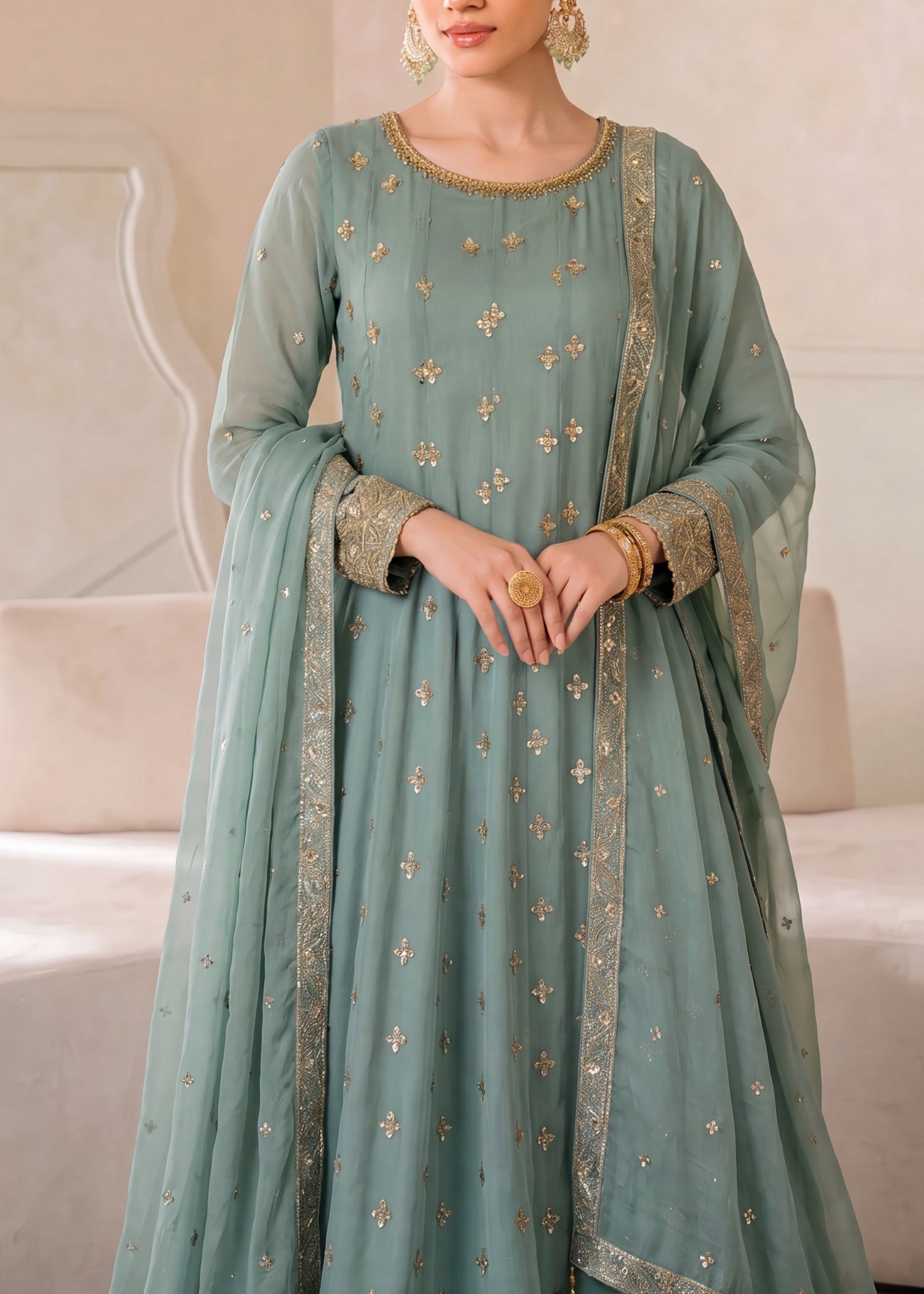 chiffon Pishwas in Moss green