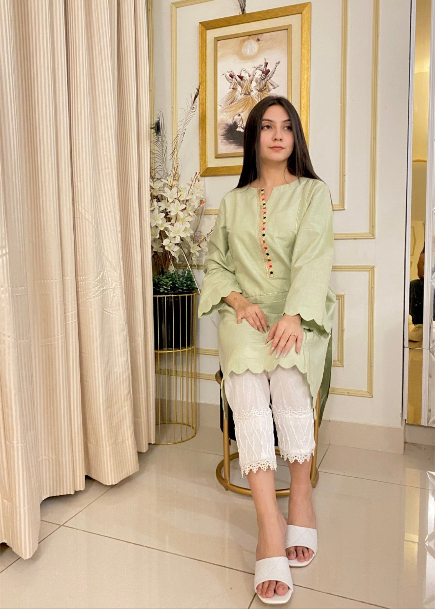 cotton Kurti in Tea green