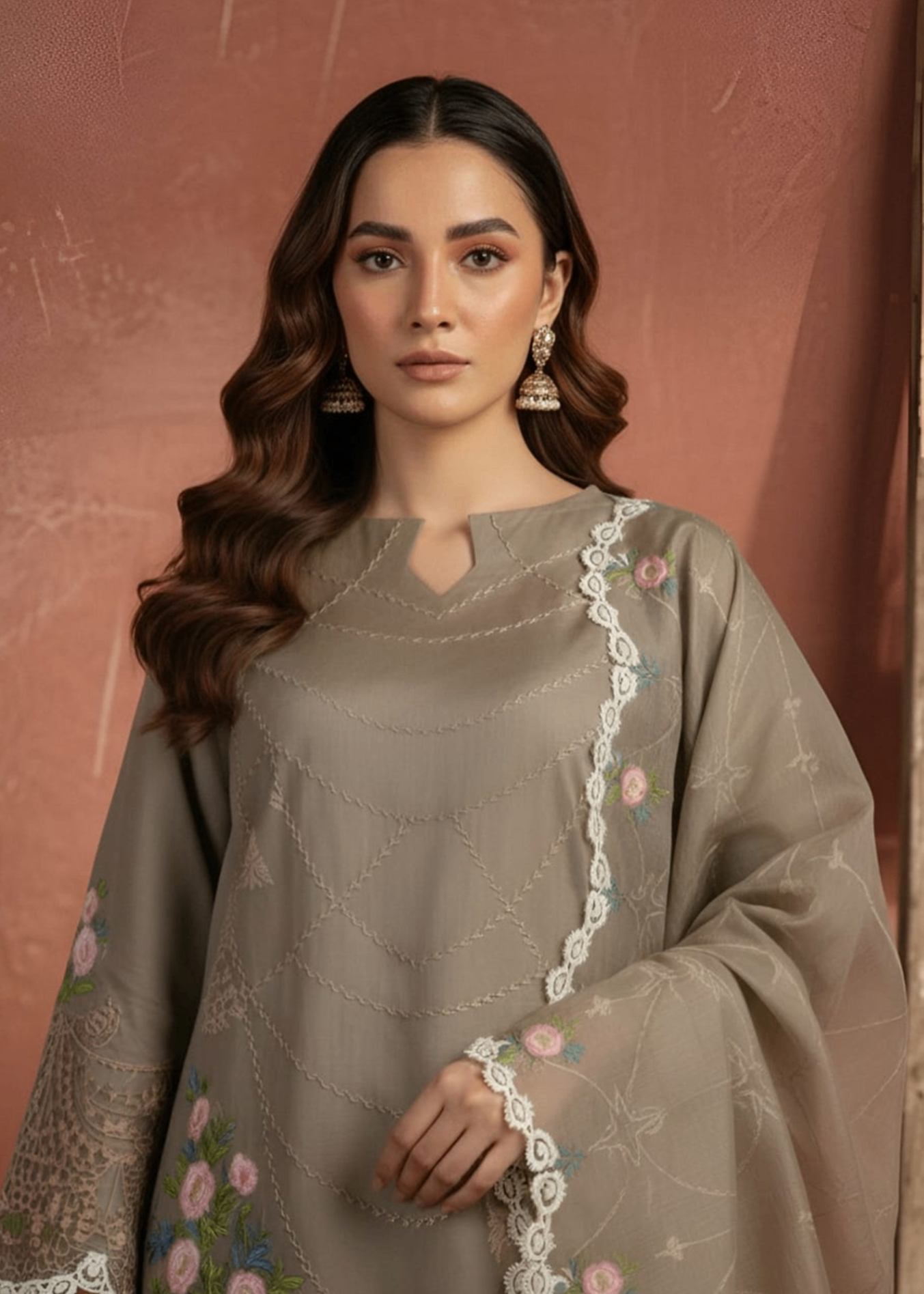 cotton net Kurta Set in Mocha brown