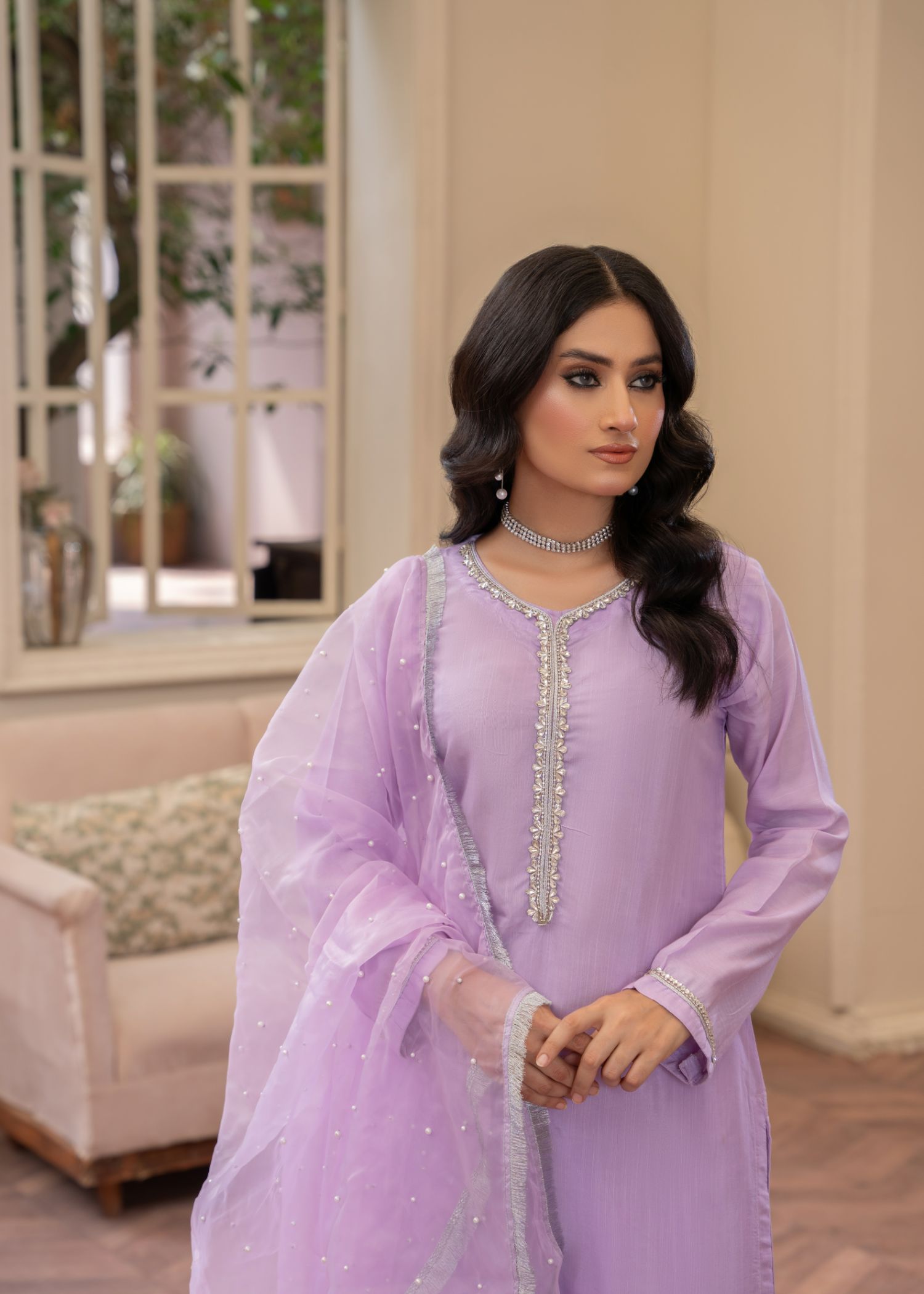 viscose thai silk Kurta Set in Lavender mist