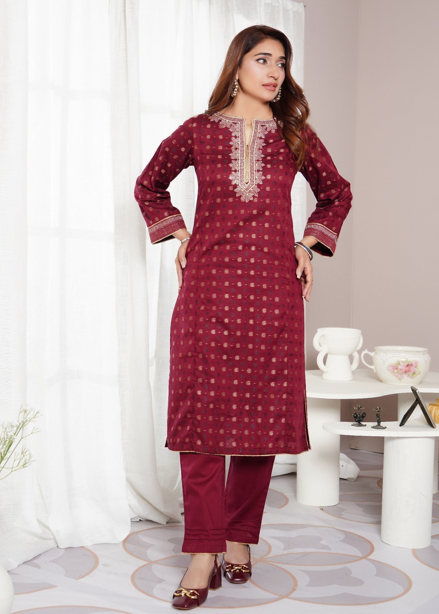 jacquard Kurta Set in Maroon