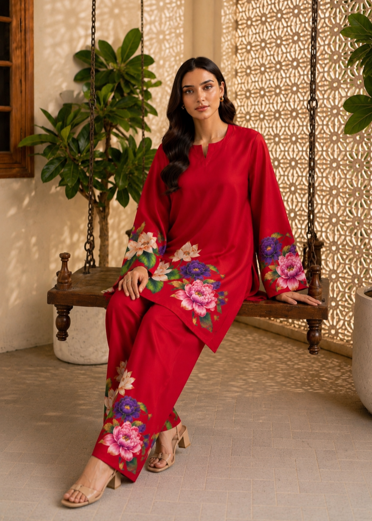 poly lawn Co Ord Sets in Red
