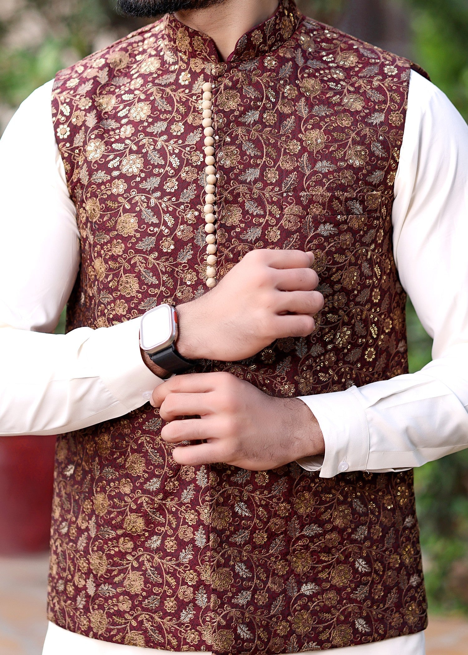 jamawar Waistcoat in Carmine