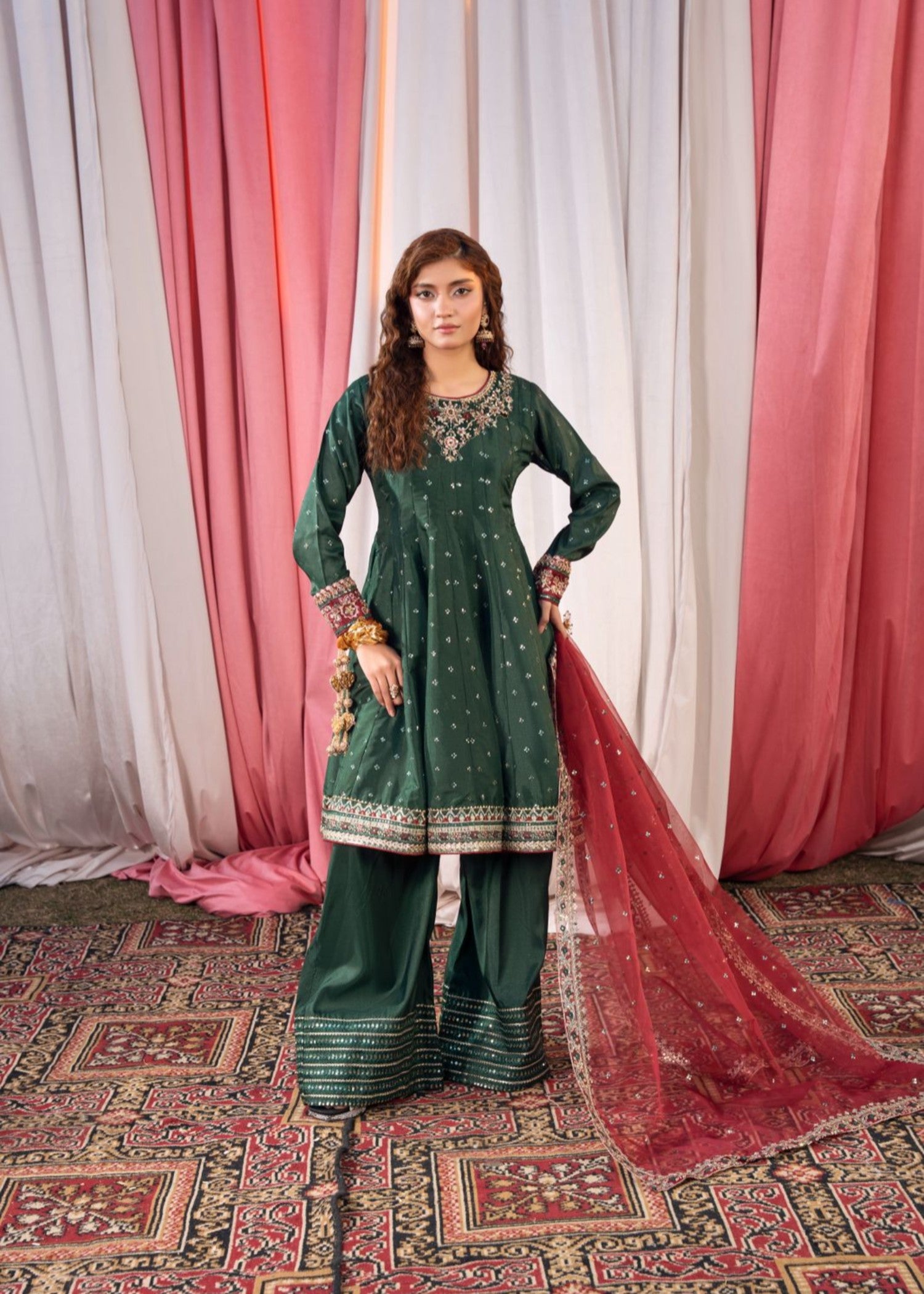 silk Sharara in Bottle green