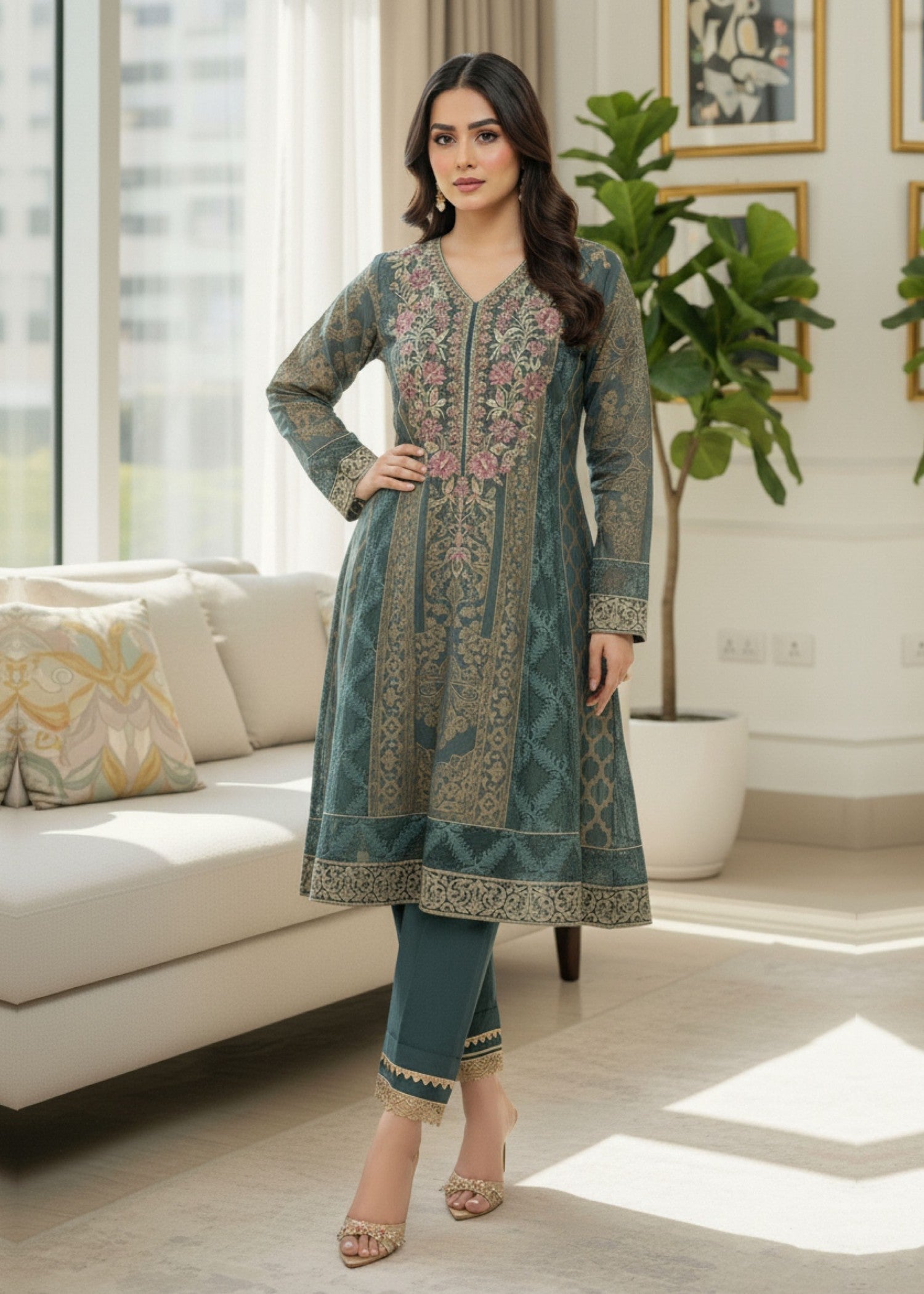 jacquard Short Frock in Green