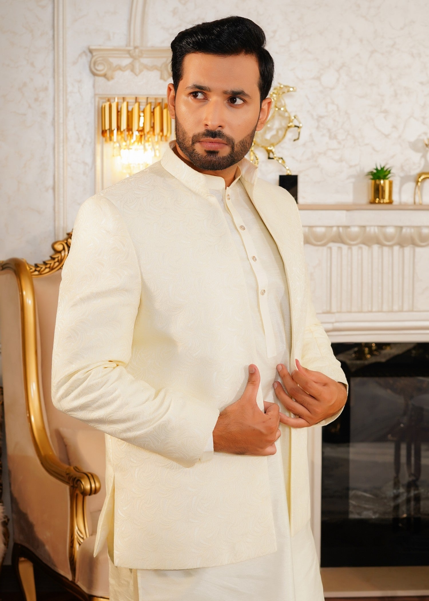 traditional jamawar Prince Coat in Cream