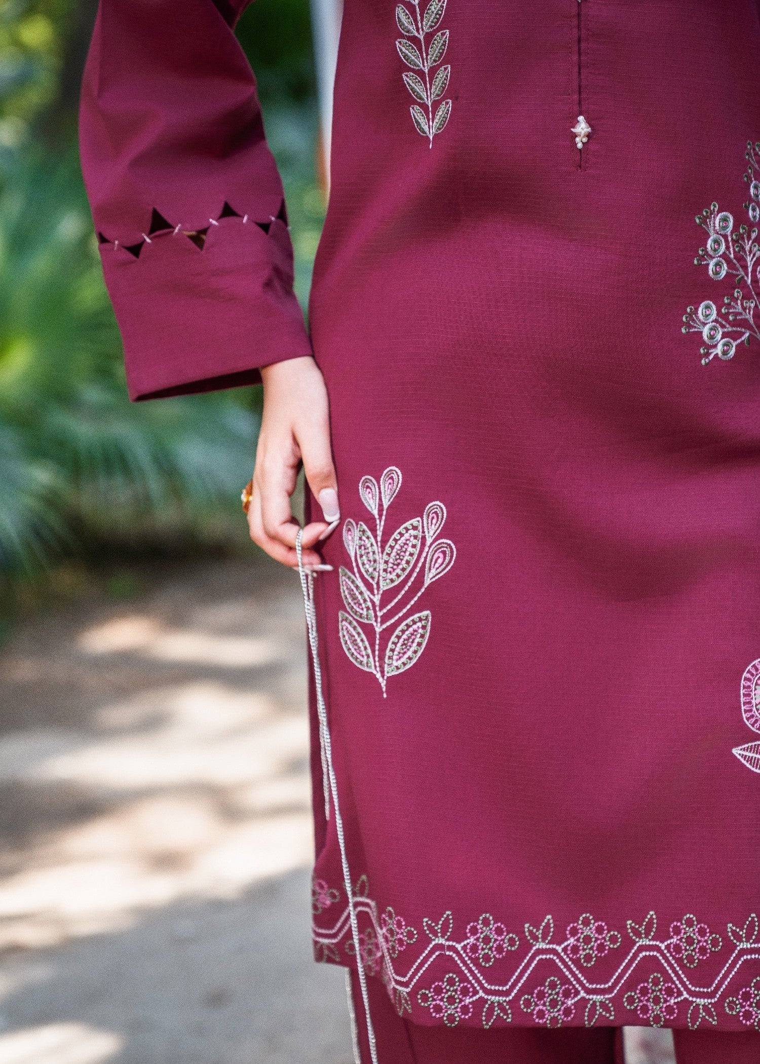 textured lawn Kurta Set in Wine