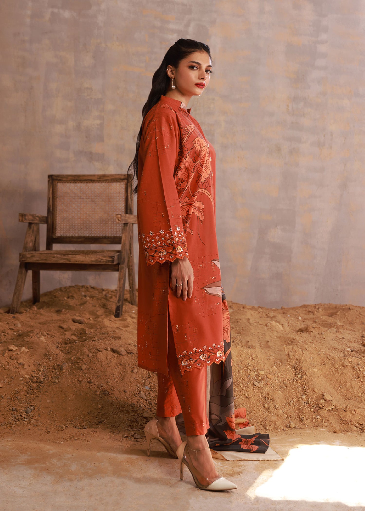cambric Kurta Set in Rust orange