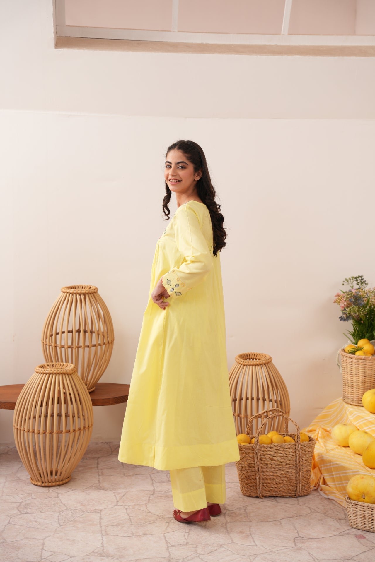 lawn cotton Anarkali in Lemon