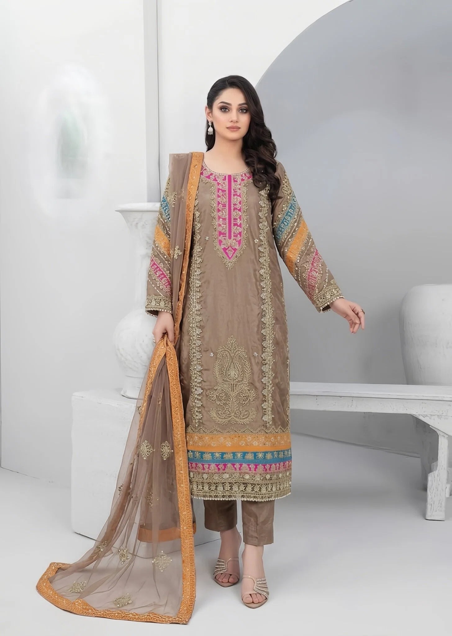 net Kurta Set in Camel brown
