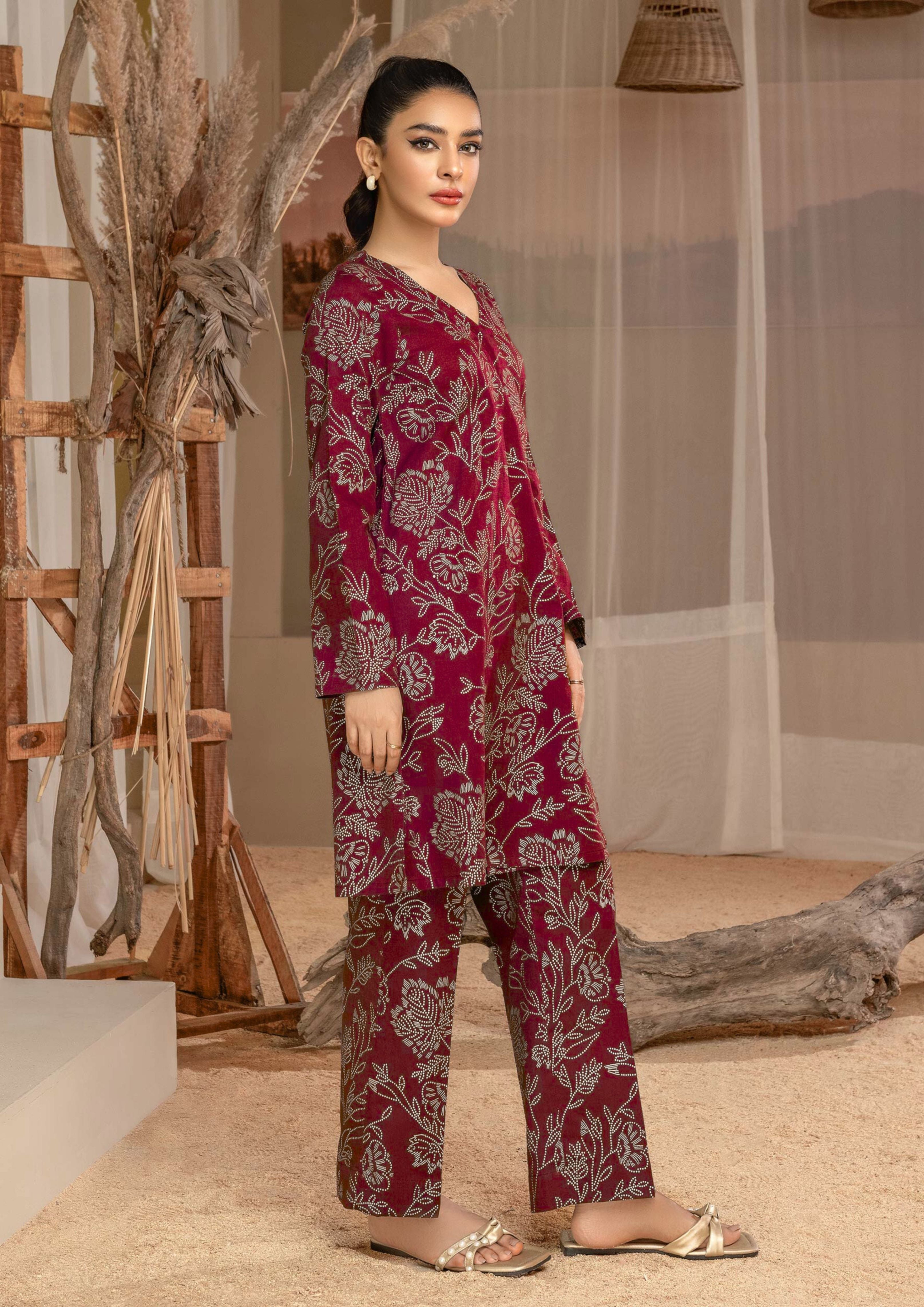 arabic lawn Co Ord Sets in Maroon