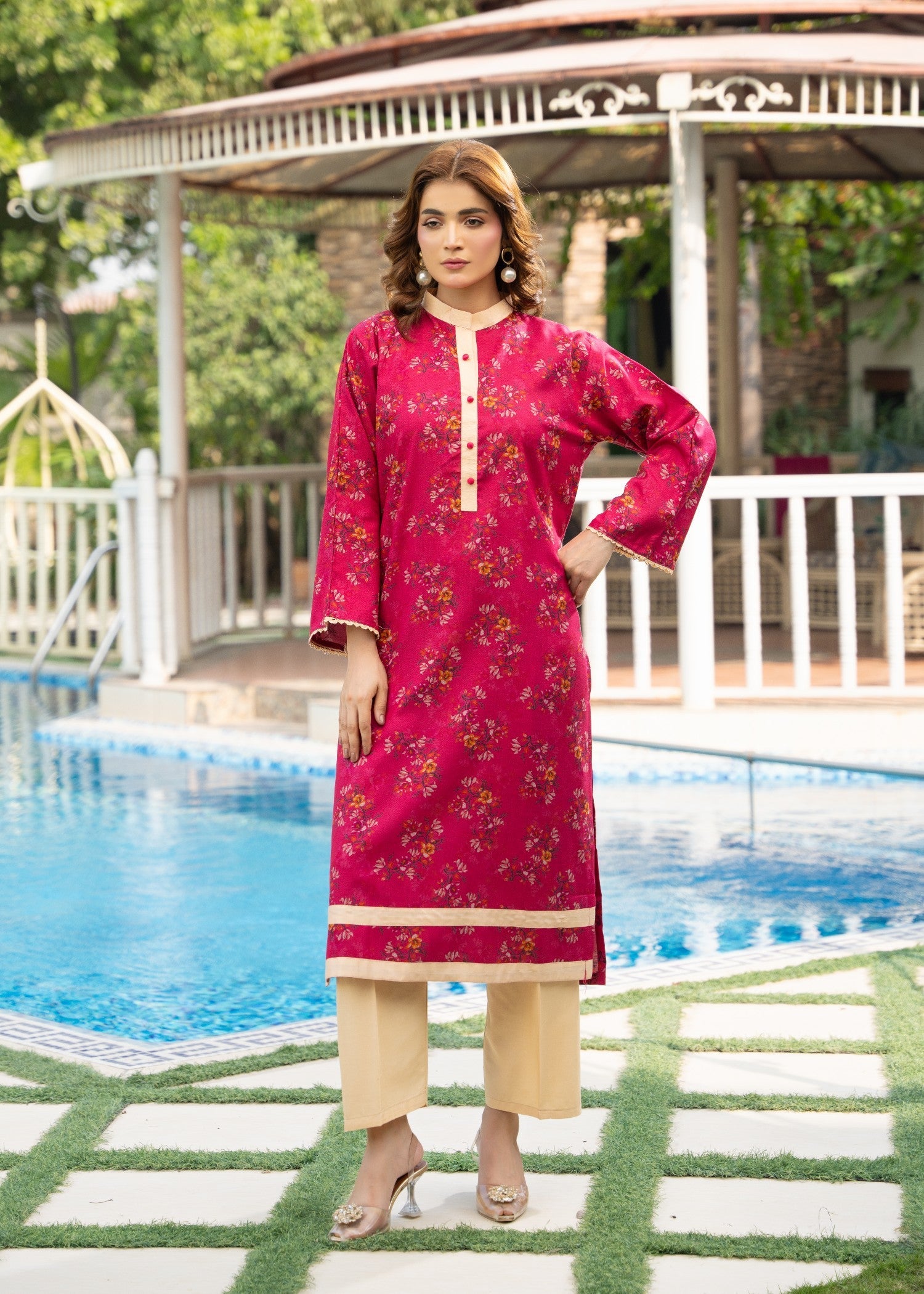 dhanak Kurta Set in Deep pink