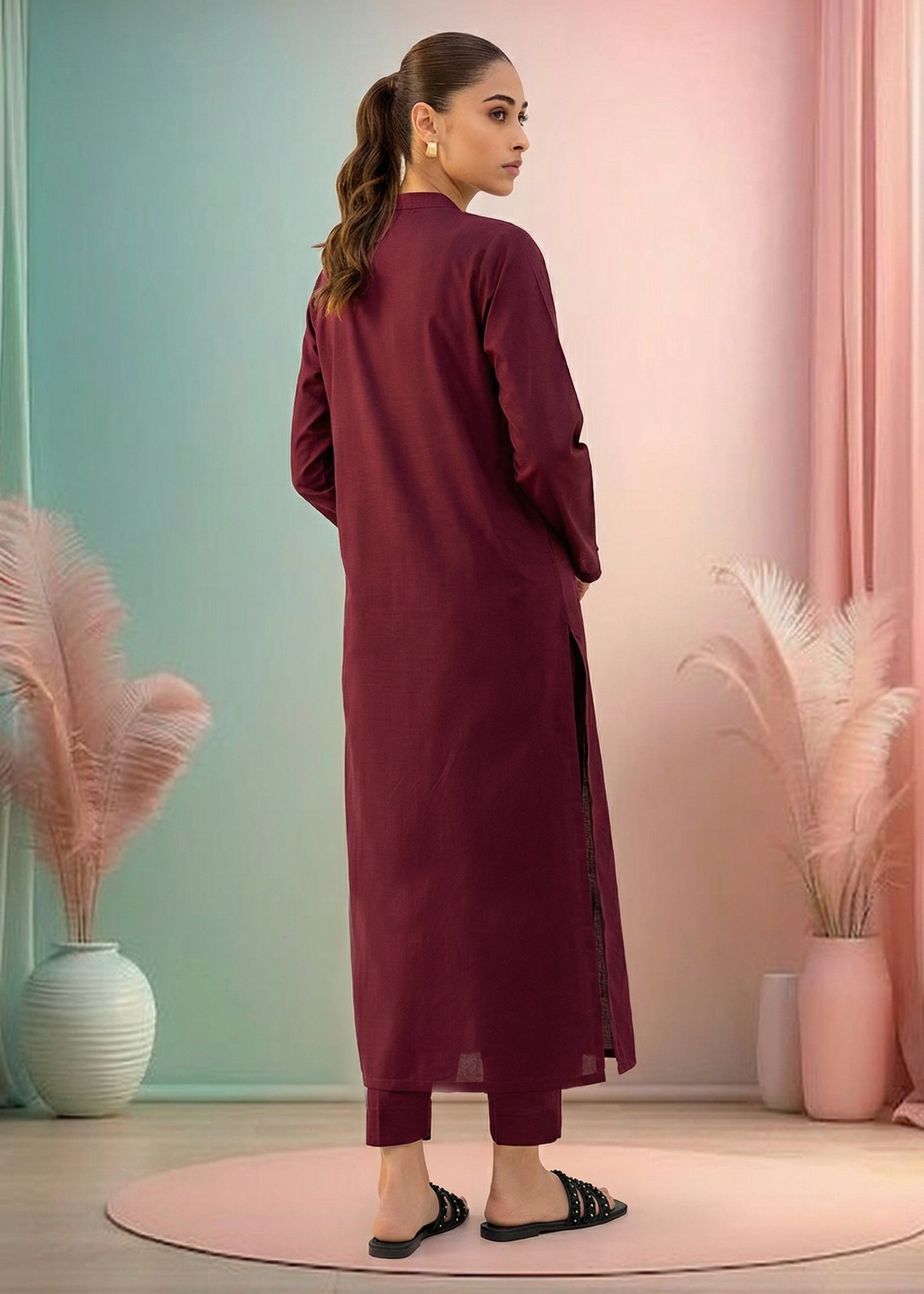 slub lawn Kurta Set in Red