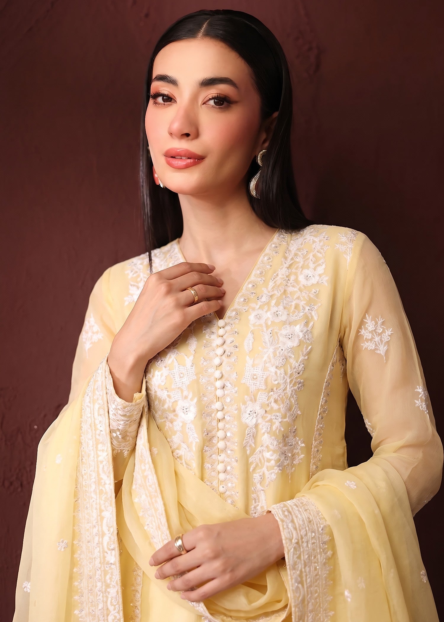 chiffon Kurta Set in Light yellow