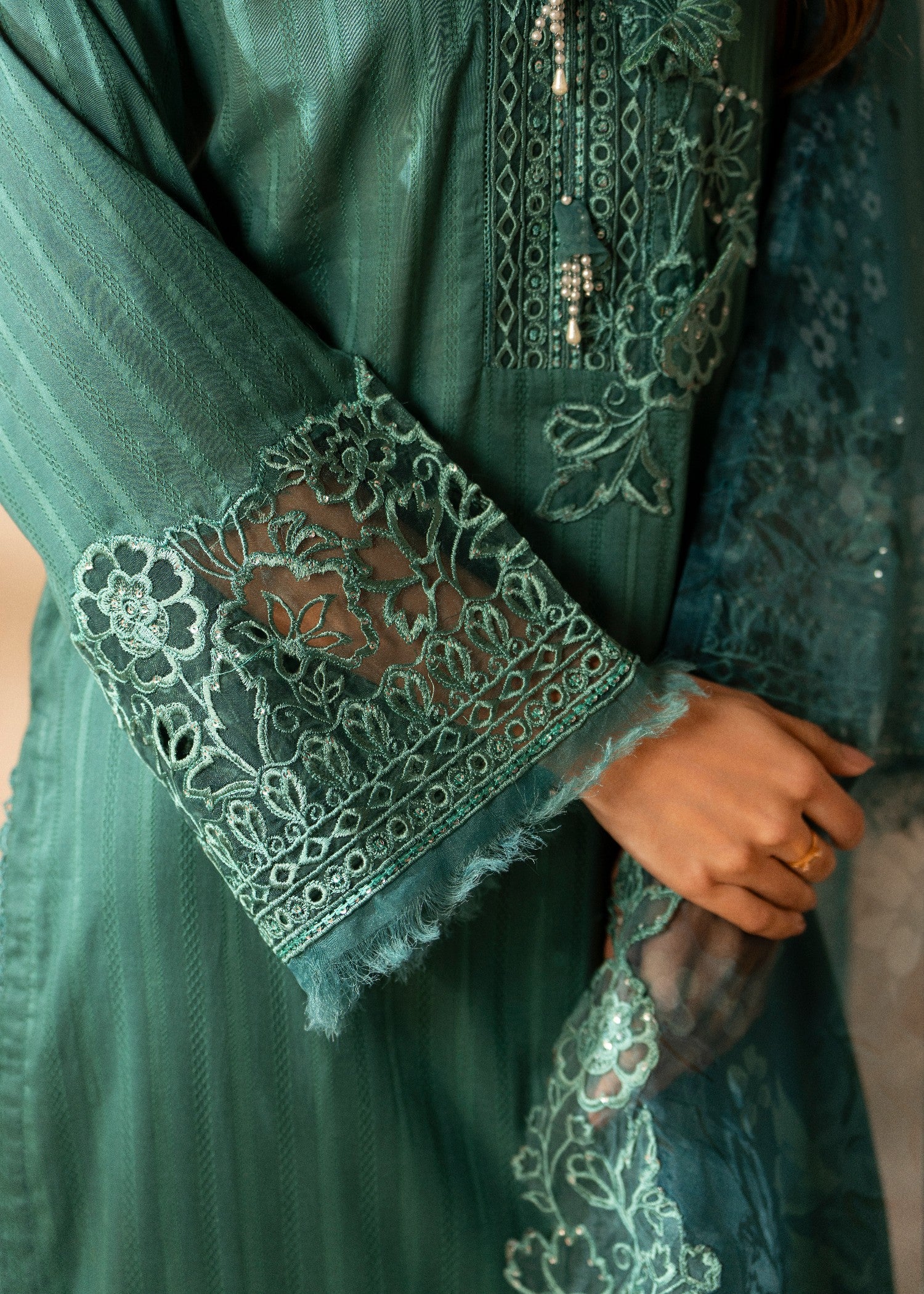 blended linen Kurta Set in Green