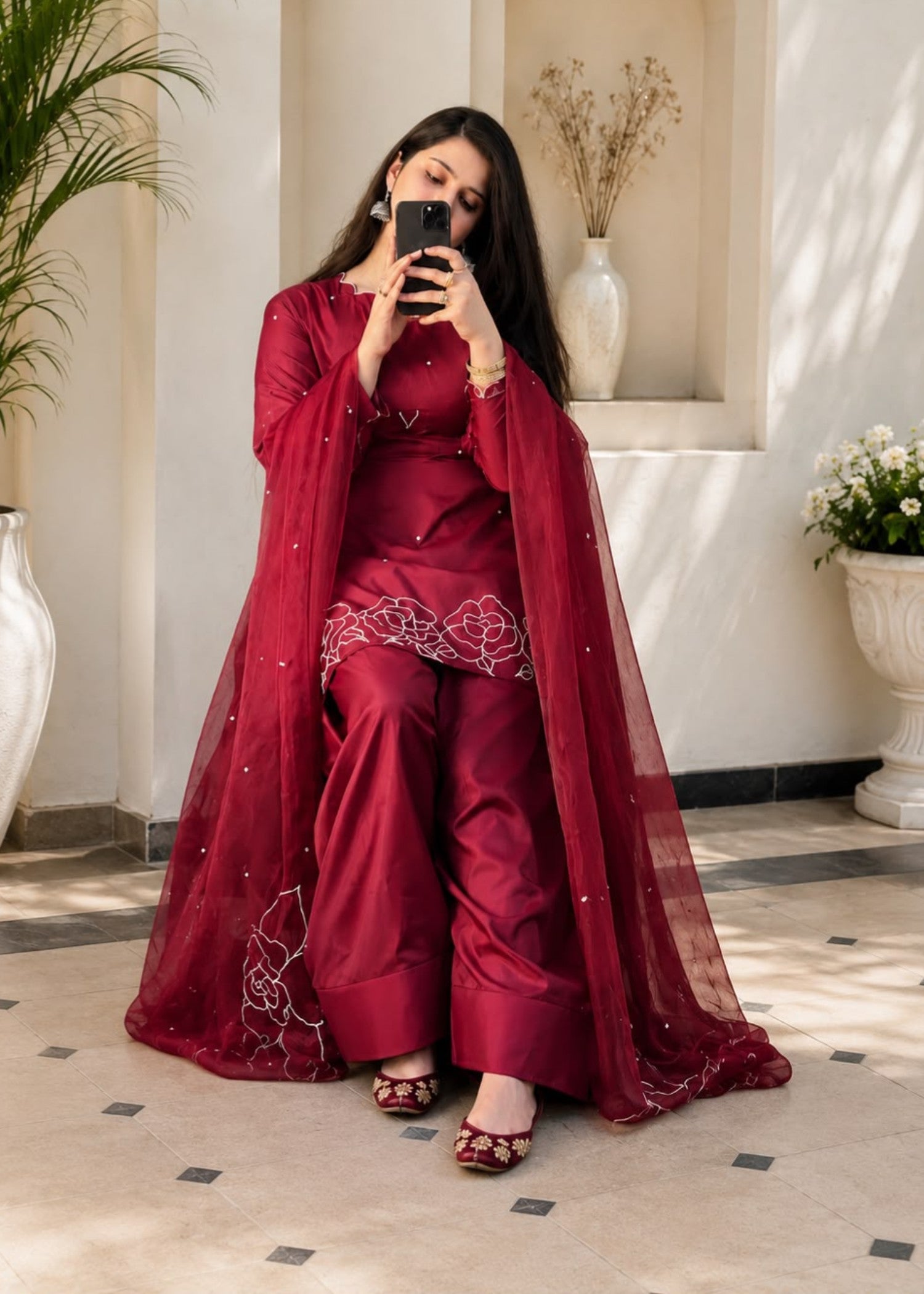silk Kurta Set in Rose red