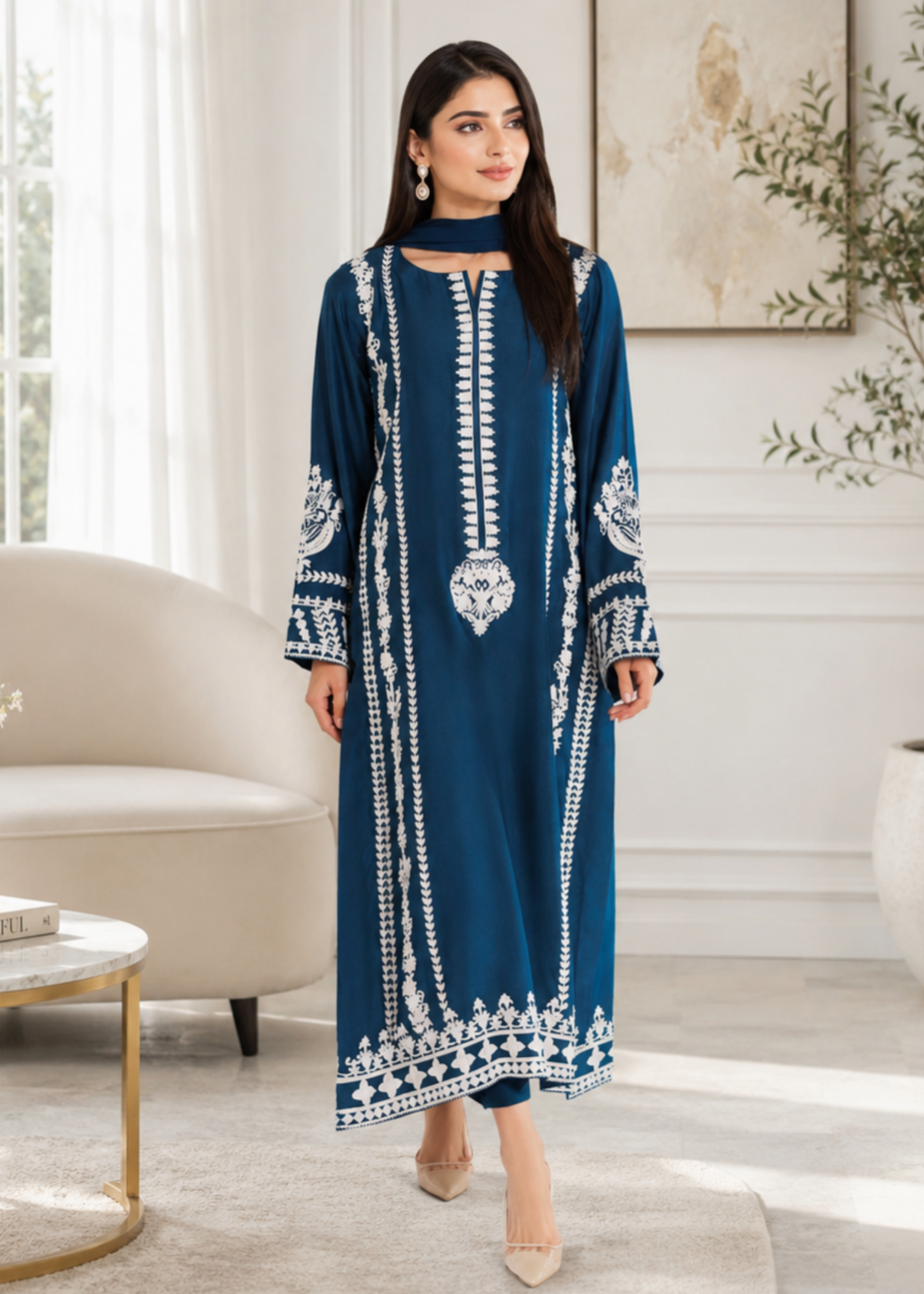 linen Kurta Set in Cobalt blue