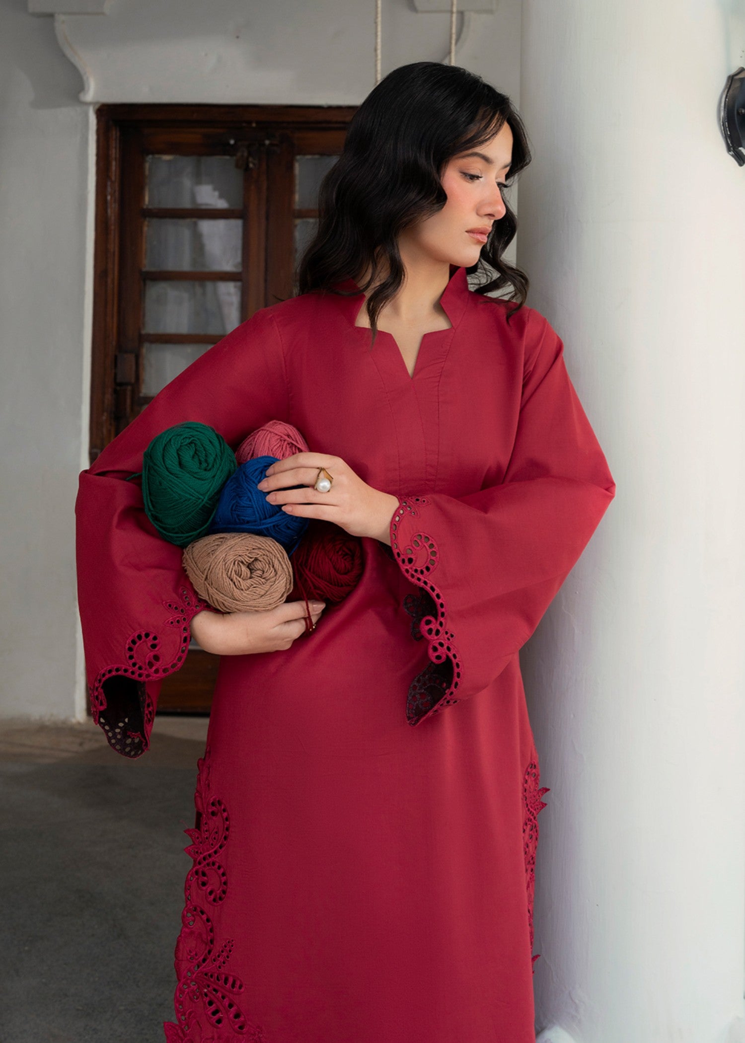 cotton Kurta Set in Carnation red