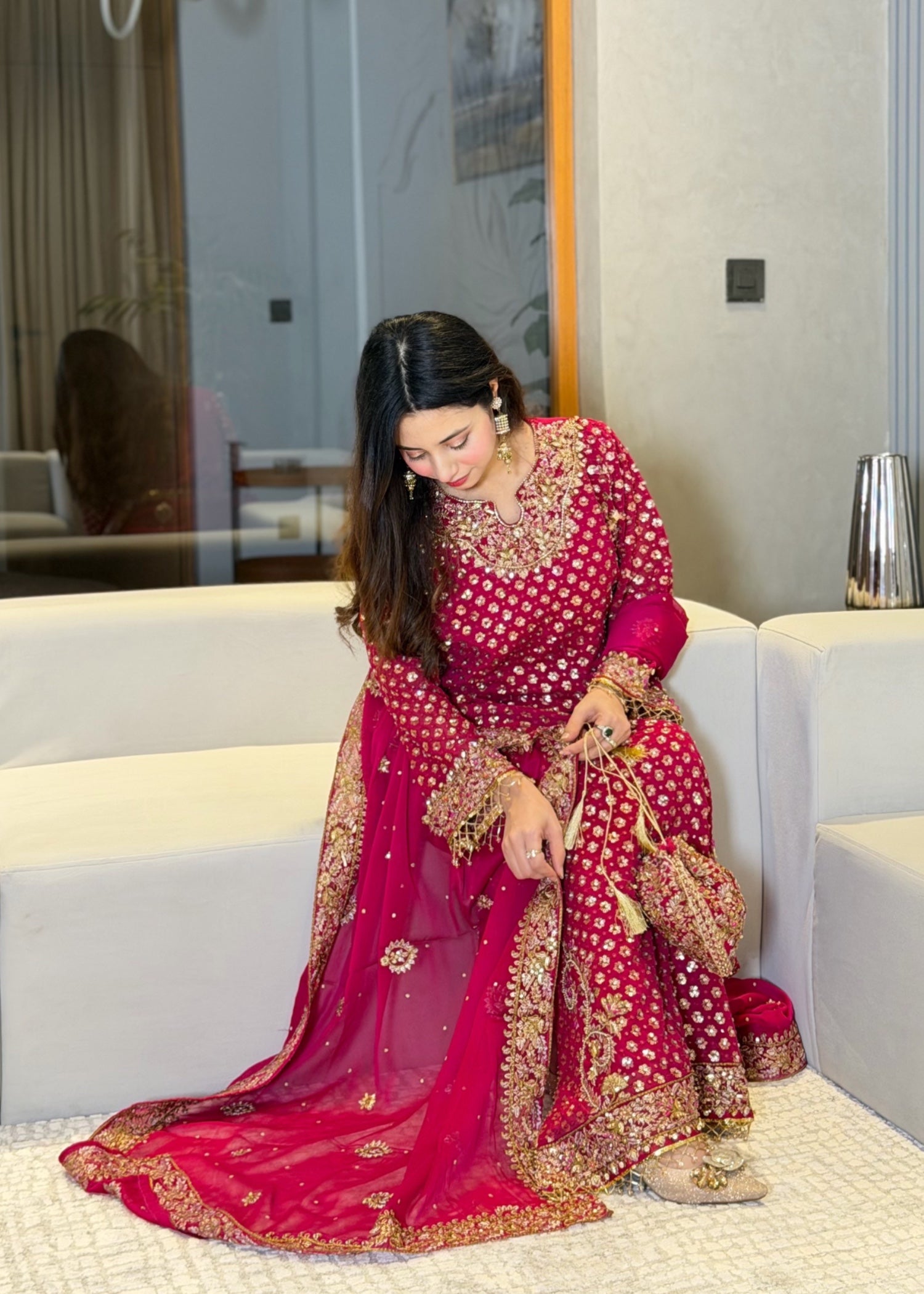 chiffon Kurta Set in Hot pink
