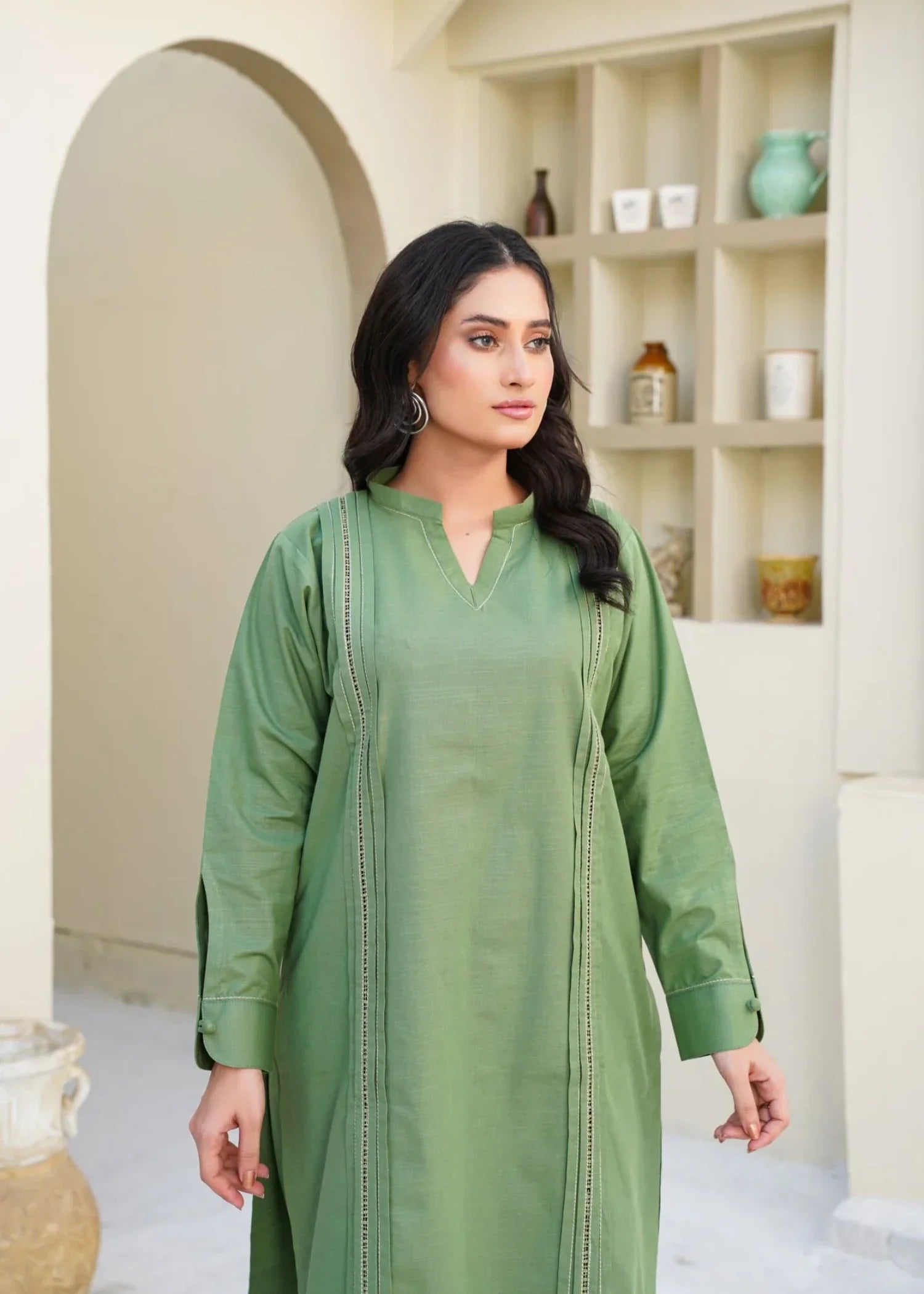 slub khaddar Kurta Set in Sage green