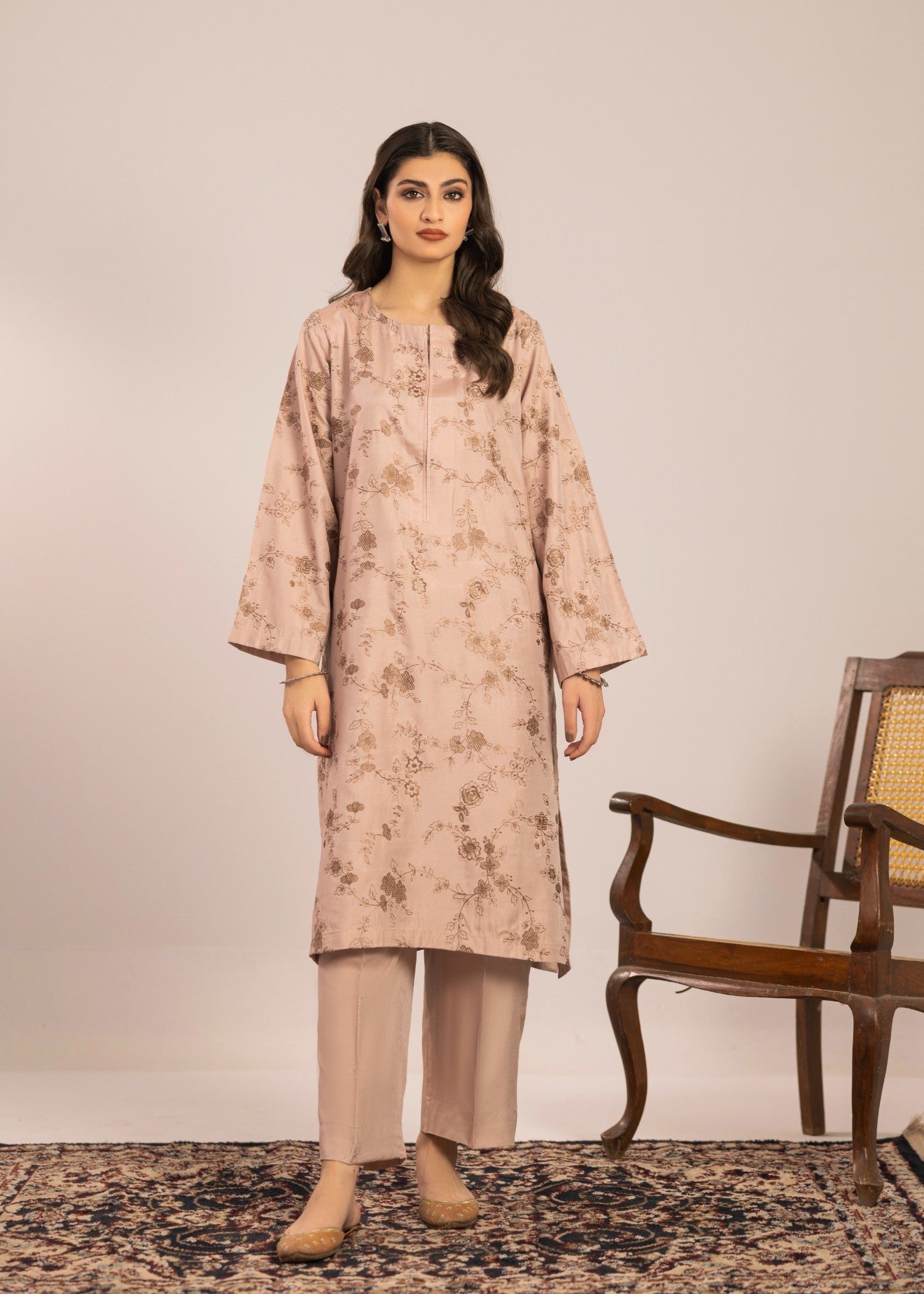 chambray Kurta Set in Peach pink