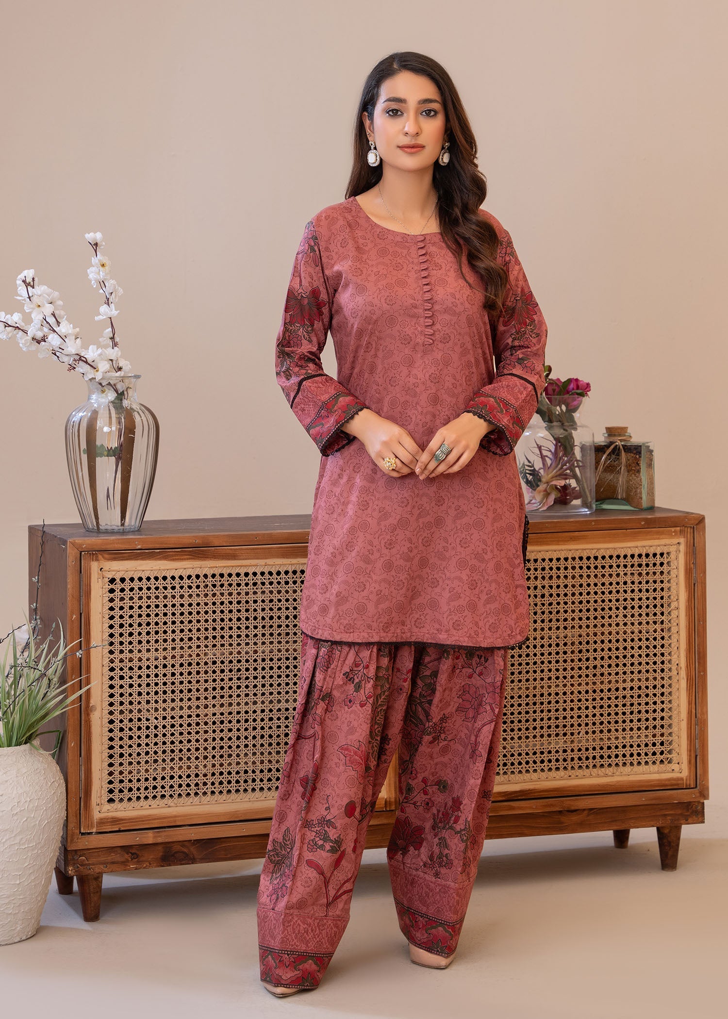 lawn Kurta Set in Tawny brown