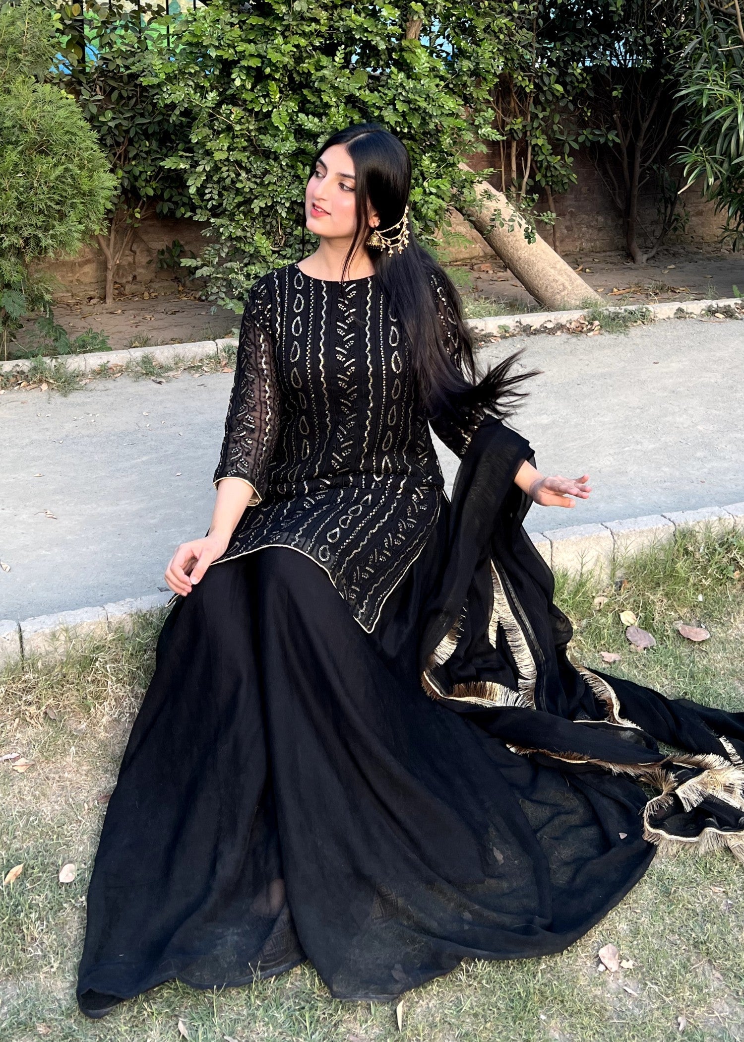 bemberg crinkle chiffon Sharara in Jet black