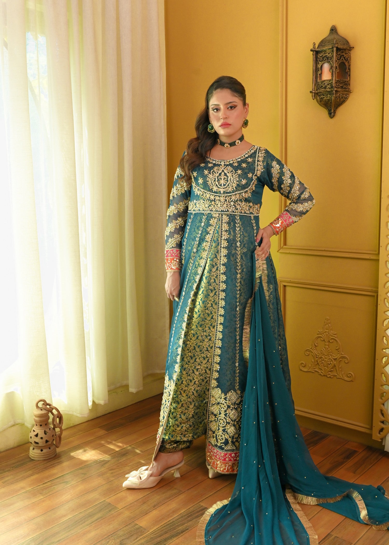 zari embroidered organza Pishwas in Teal