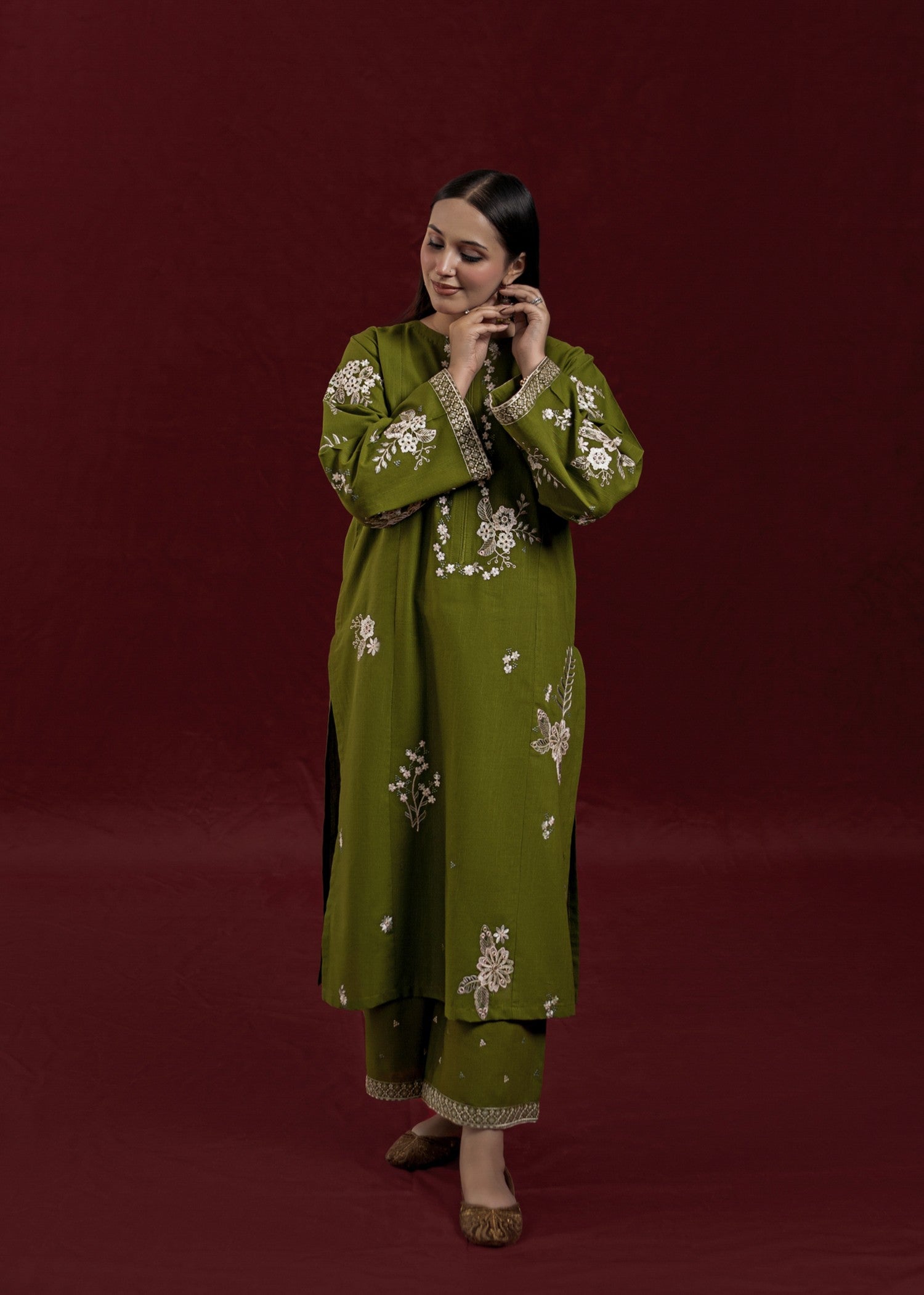 slub khaddar Kurta Set in Olive green