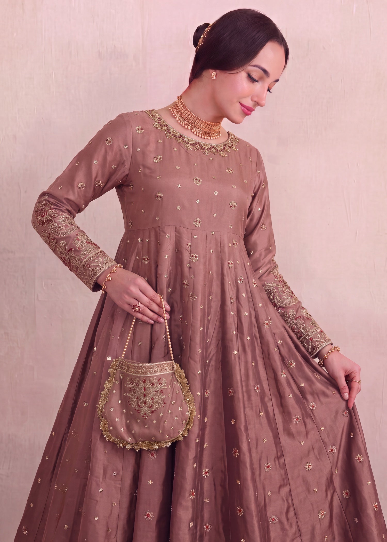 silk Pishwas in Chestnut brown