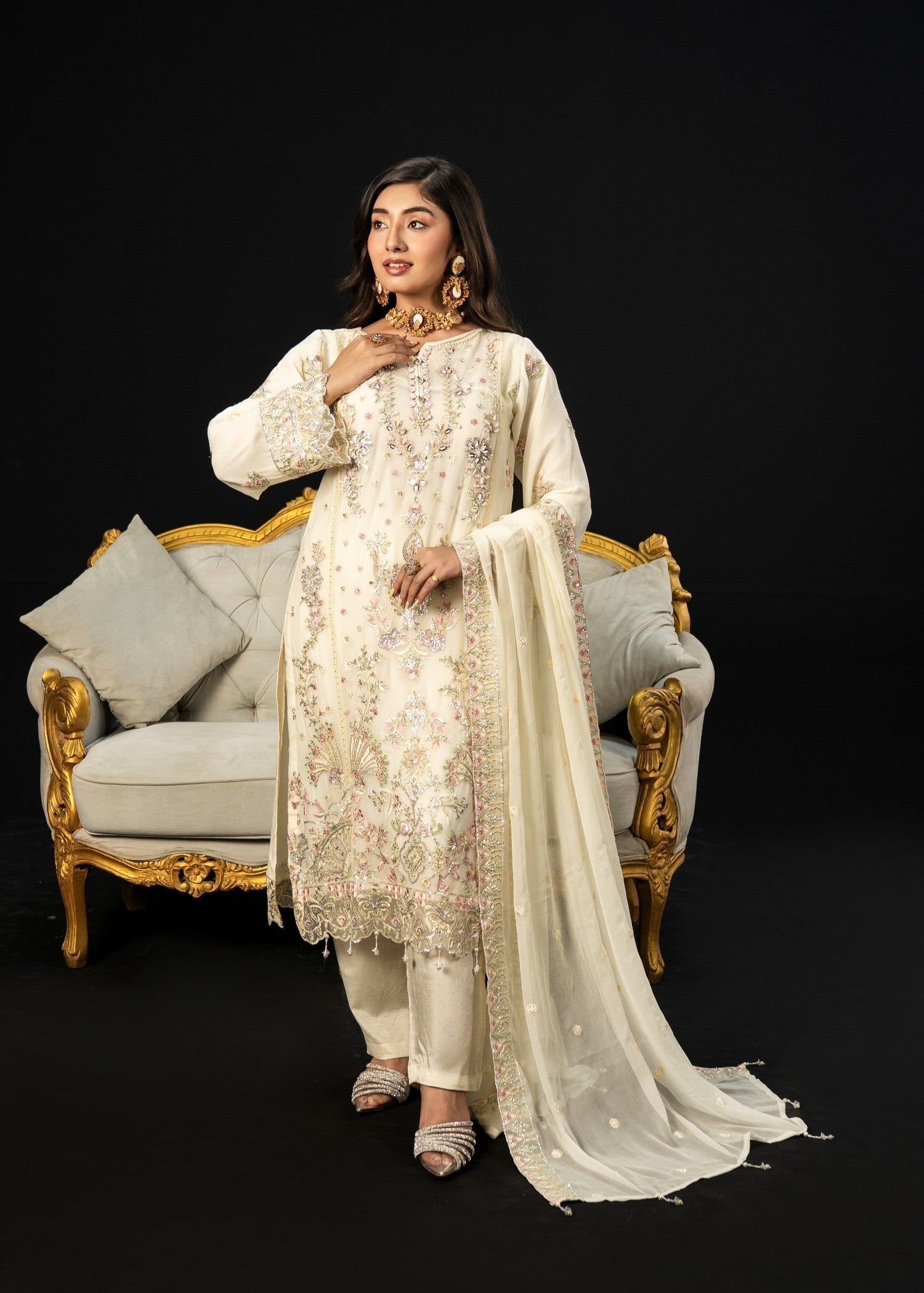 crinkle chiffon Kurta Set in Ivory