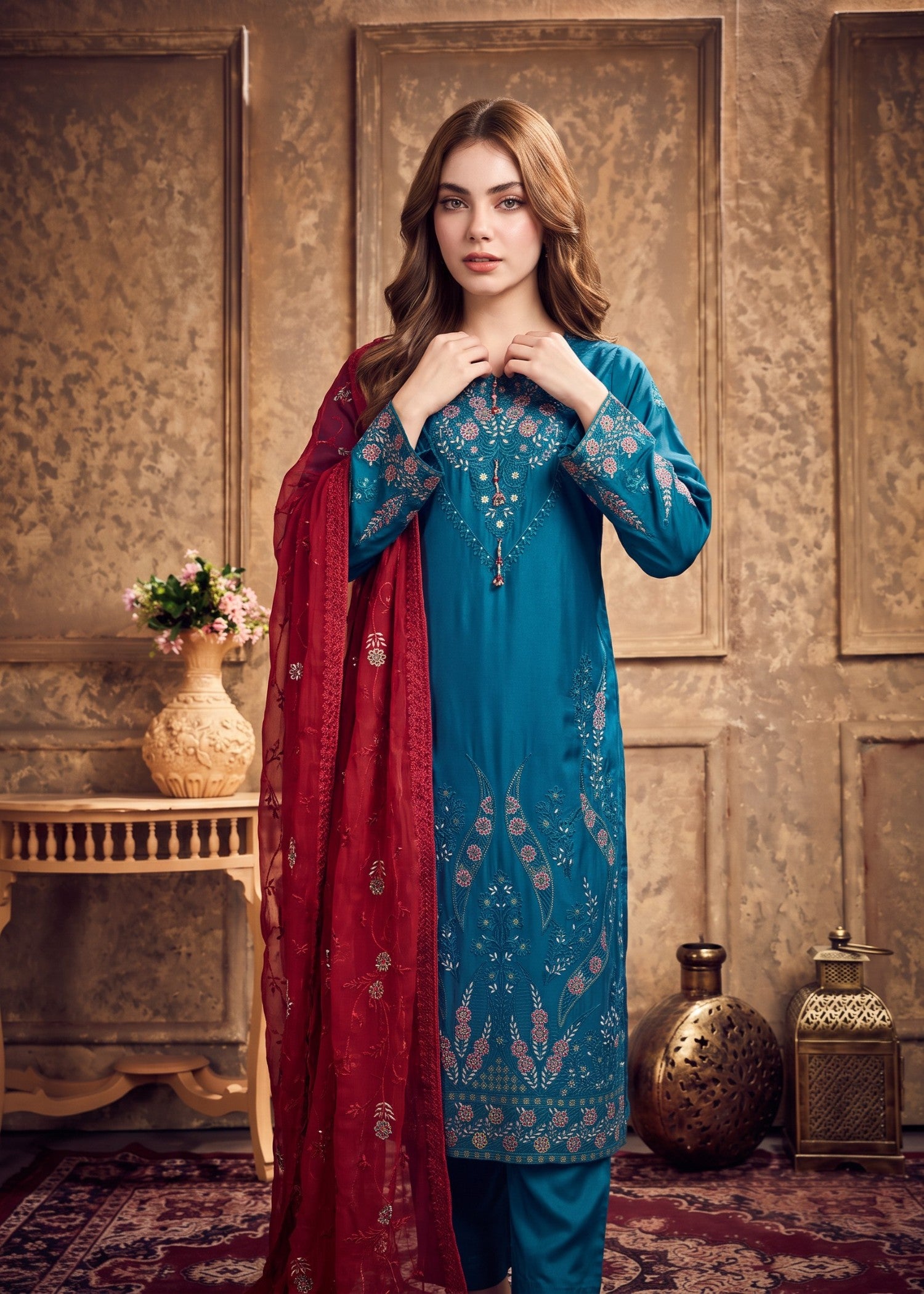 silk Kurta Set in Teal