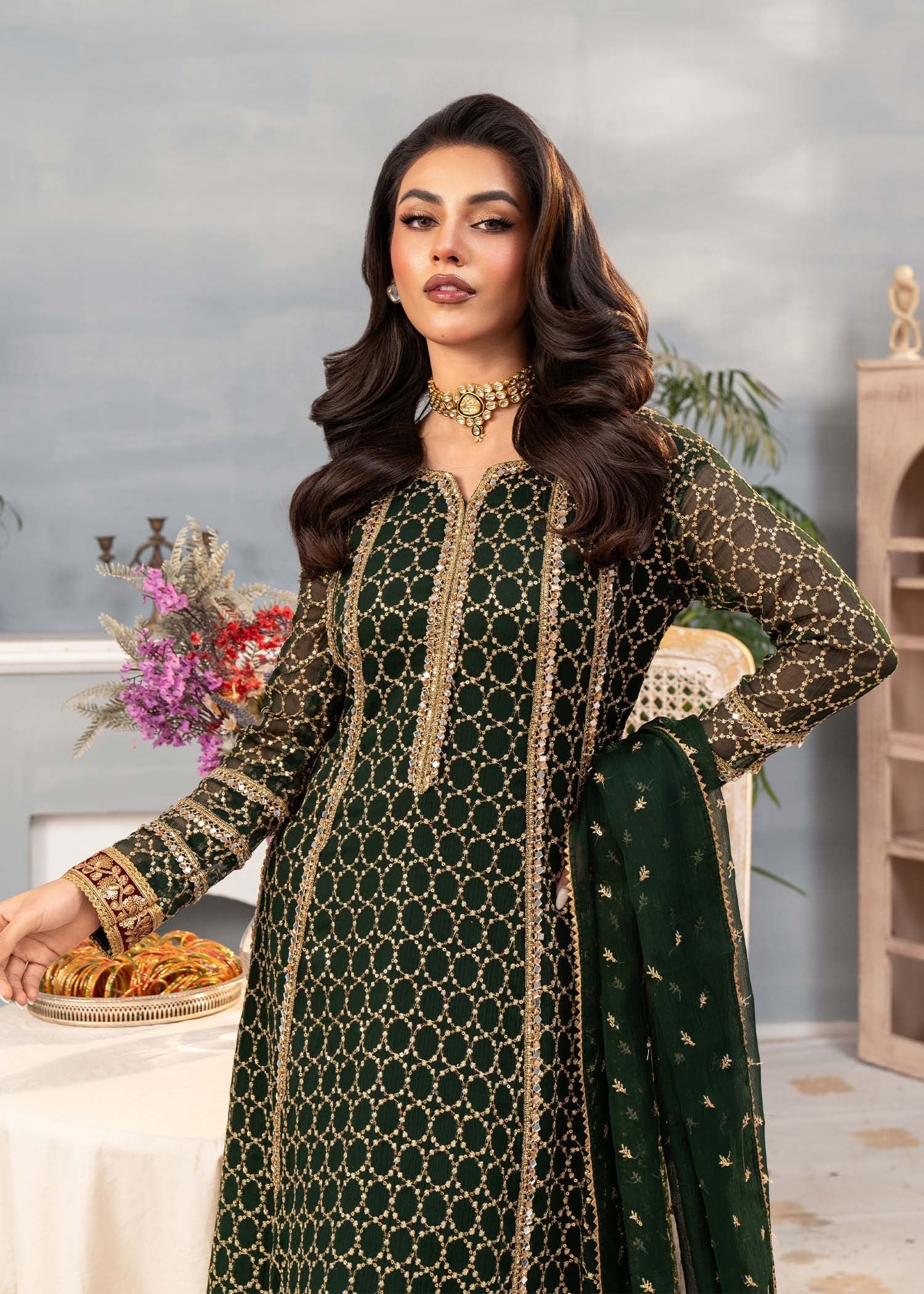 chiffon Anarkali in Bottle green