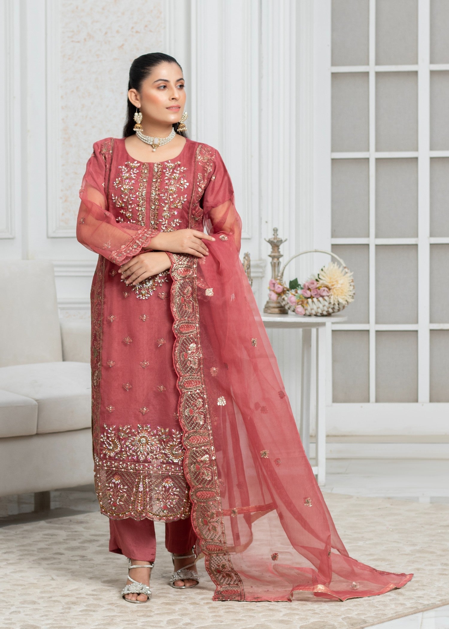 organza Kurta Set in Taffy pink