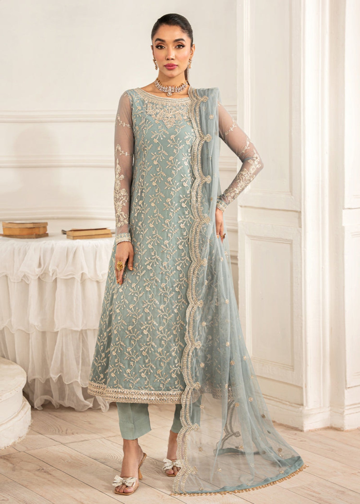 net Kurta Set in Pastel green