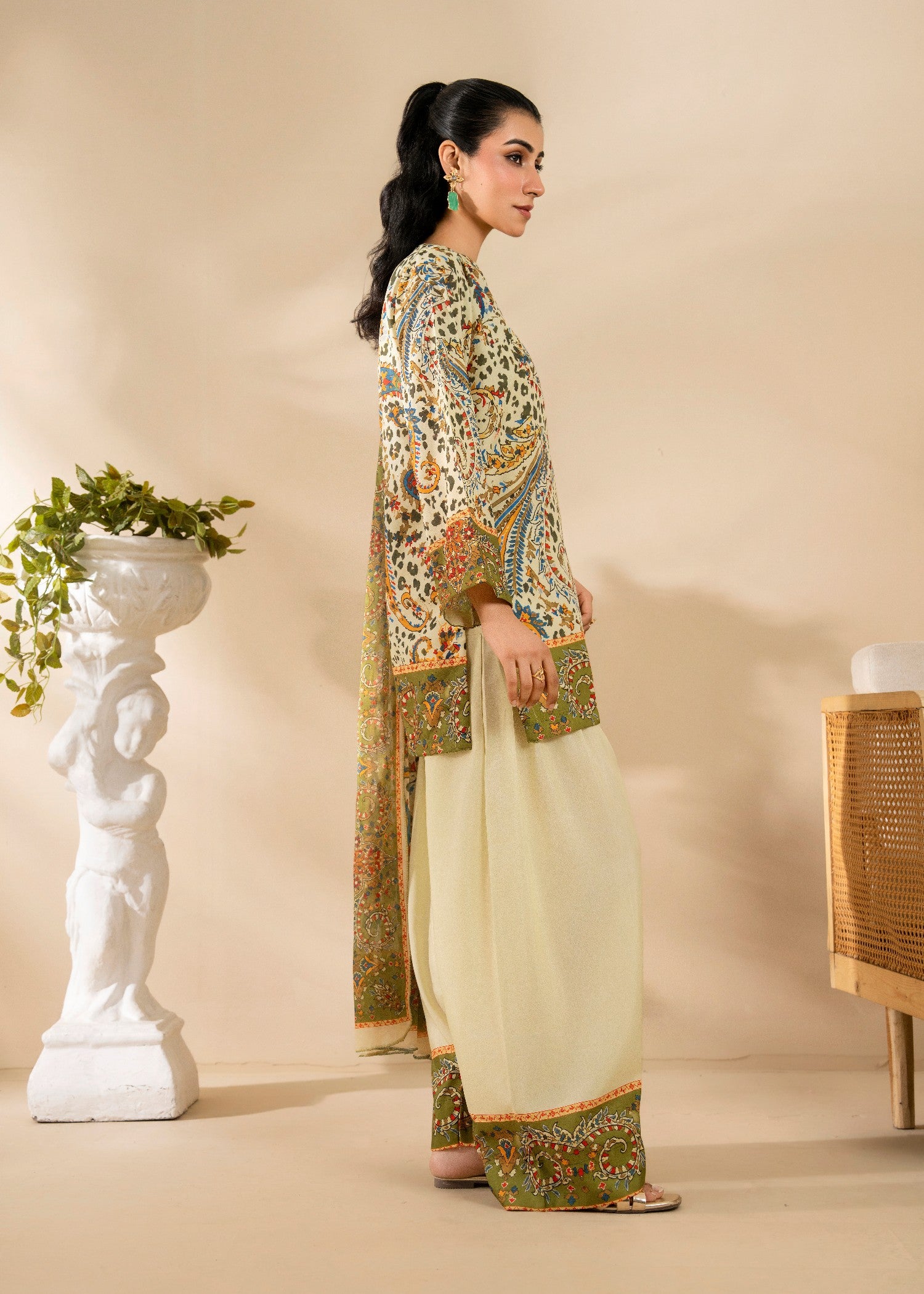 poly lawn Kurta Set in Light yellow